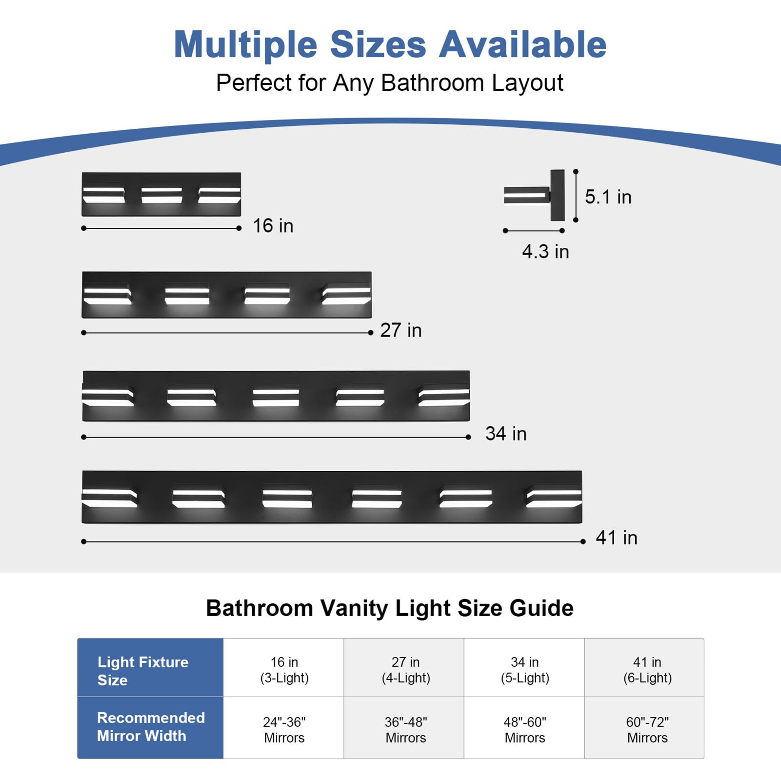 JZEKVN Modern LED Bathroom Light Fixture, 3-Light Metal Black Acrylic, 16.14in, 6000K Vanity Lighting Over Mirror