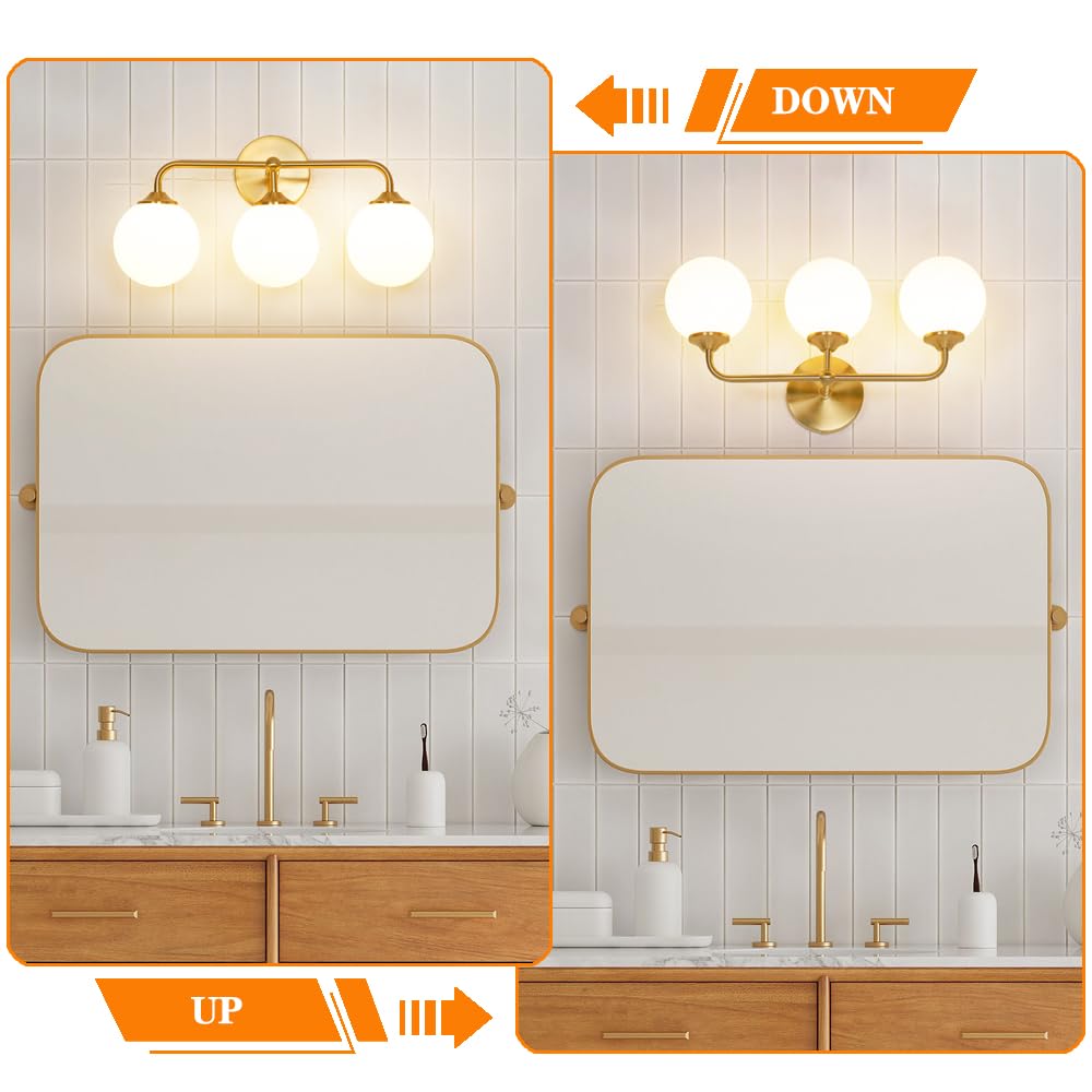 Modern Brushed Gold 3-Lights Vanity Light Fixtures With Milky White Glass Ball Shades  Mid Century Brass Wall Sconce Lighting Fixtures Over Mirror  Wall Sconces For Bathroom Dressing Table Bedroom