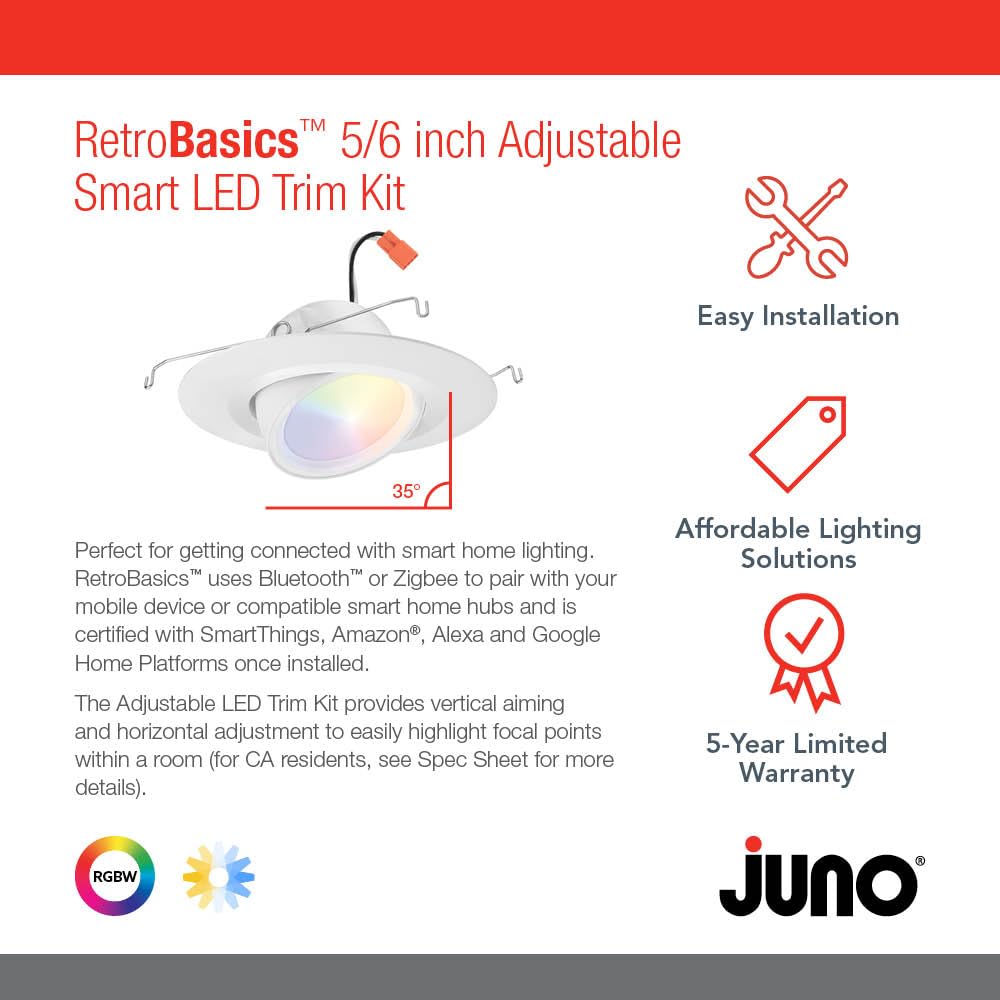 Juno 5/6-Inch Adjustable LED Downlight, RGBW Dynamic Color, Model RB56AC, Matte White Finish