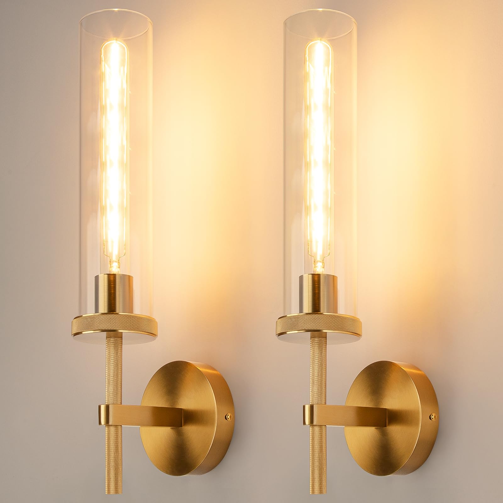 Micstar 19.5 Knurled Gold Hardwired Wall Sconces Set of 2, Bathroom Vanity Light Fixtures with Clear Glass Tube, Modern Lamp Lig