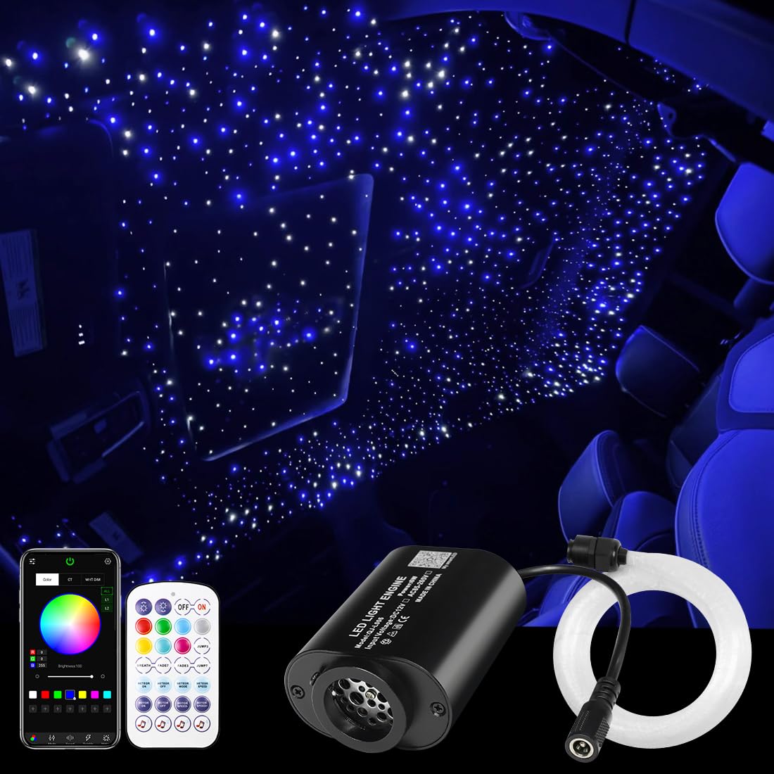 AMKI Mini 6W Starlight Headliner Kit 200pcs 0.03in 6.5ft,Twinkle+Sound Activated Fiber Optic Light 4Lamp Beam Starlight Box APP/