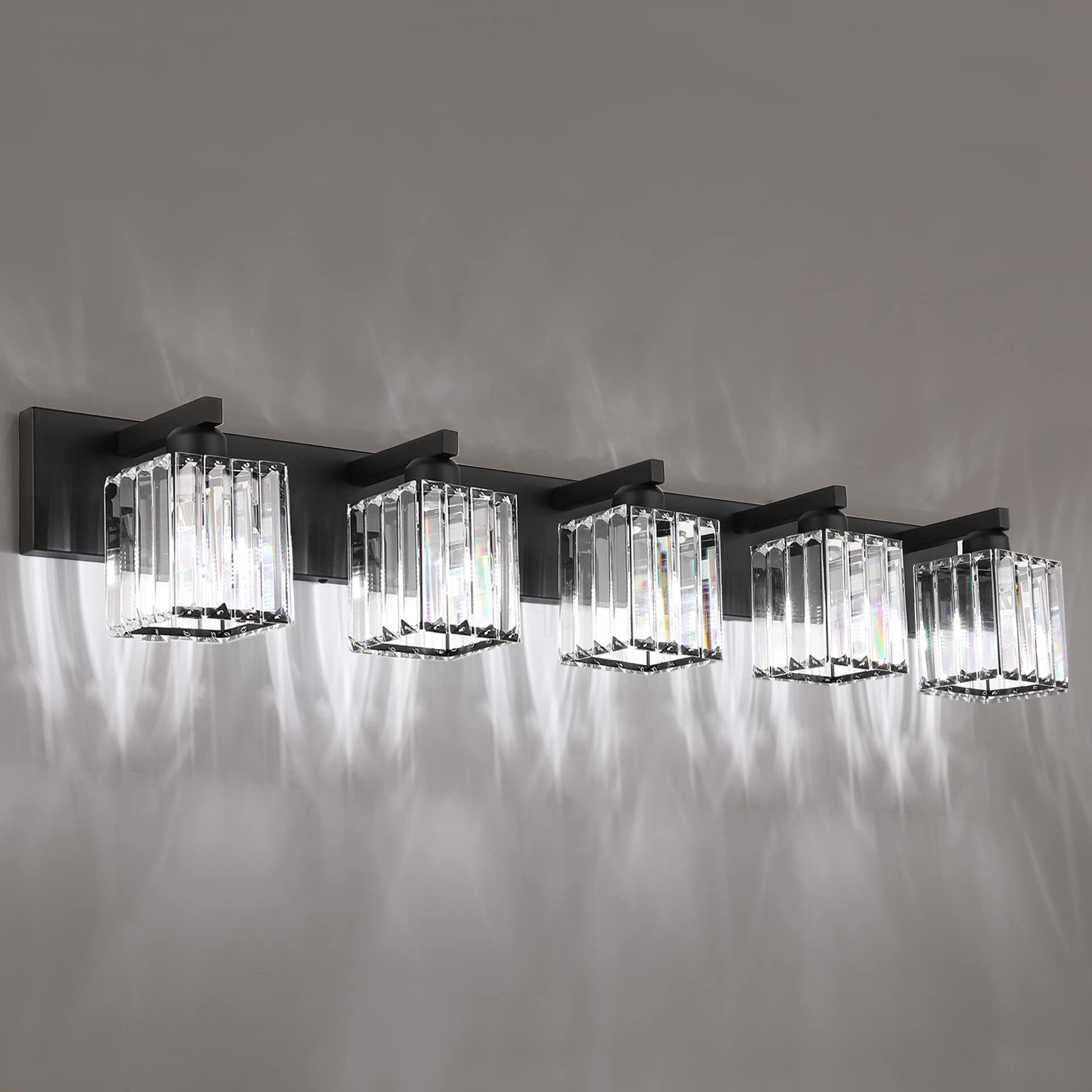 Aipsun 5-Light Bathroom Vanity Light, Black Aluminum Crystal Fixtures, Model 8461