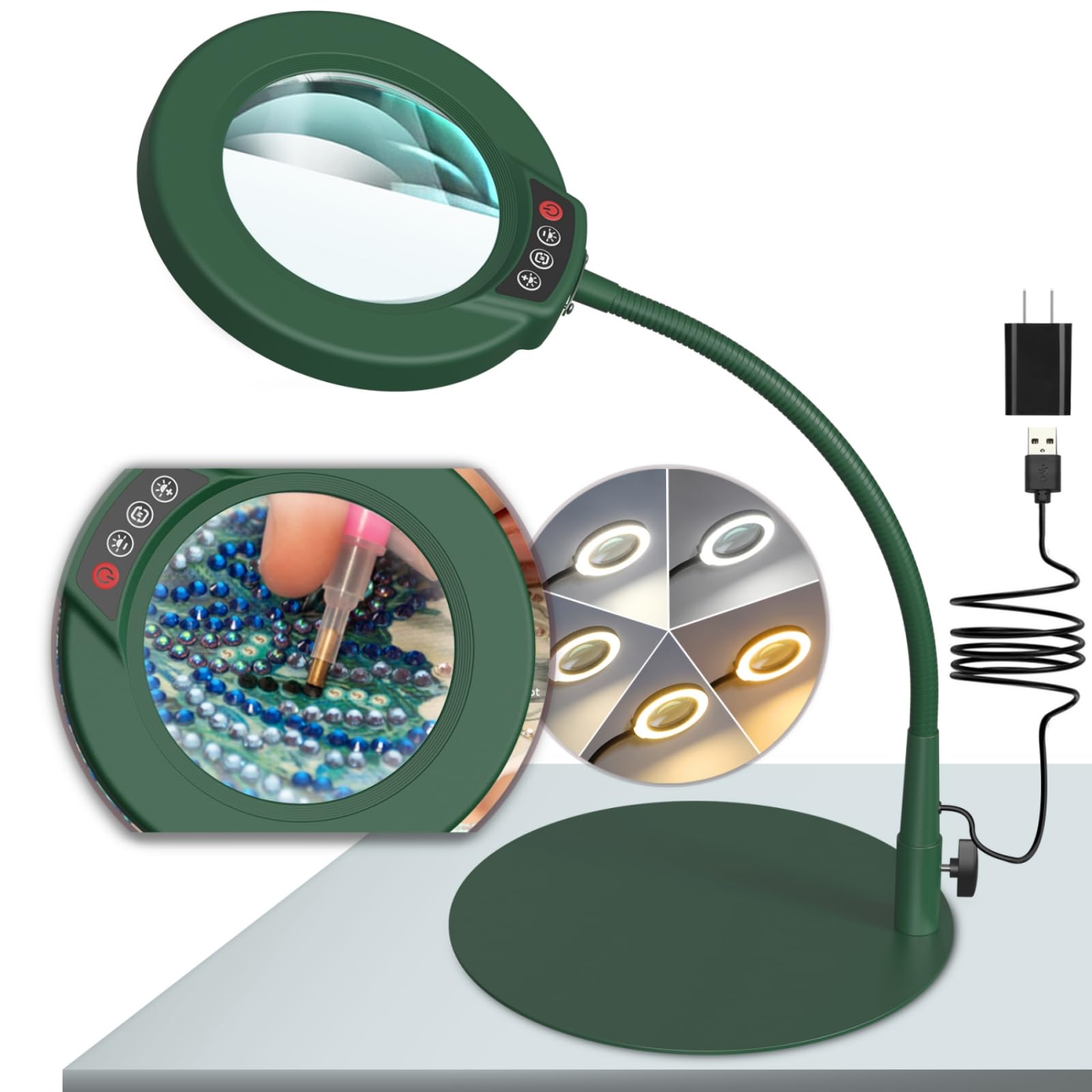Krstlv 10X Magnifying Glass with Light, Stepless Dimmable LED, Flexible Gooseneck, Green, Model EG906
