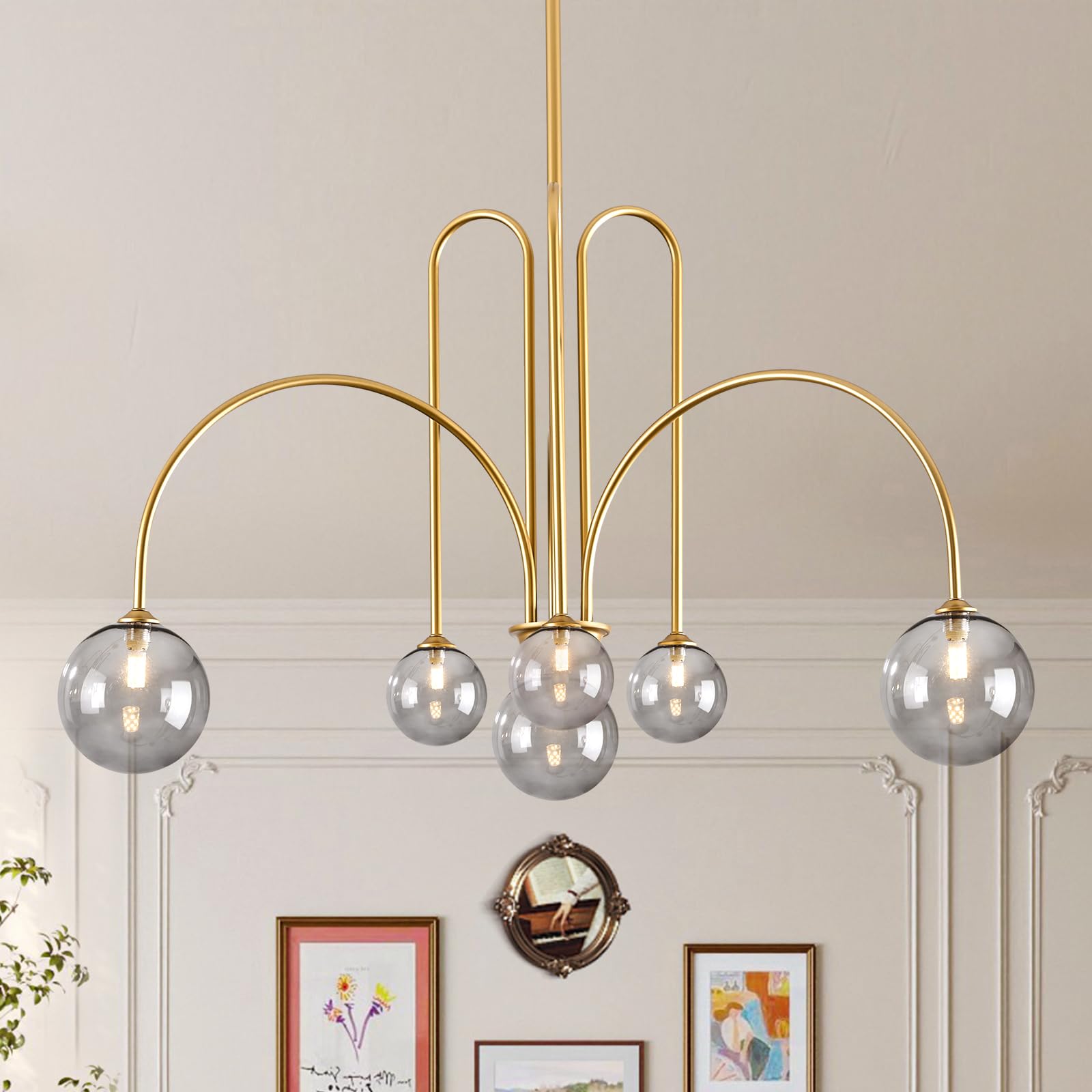 Catiner Modern Gold Chandelier, 6 Lights Sputnik Chandeliers Large L40   Mid Century Ceiling Pendant Light Fixtures With Smoke G