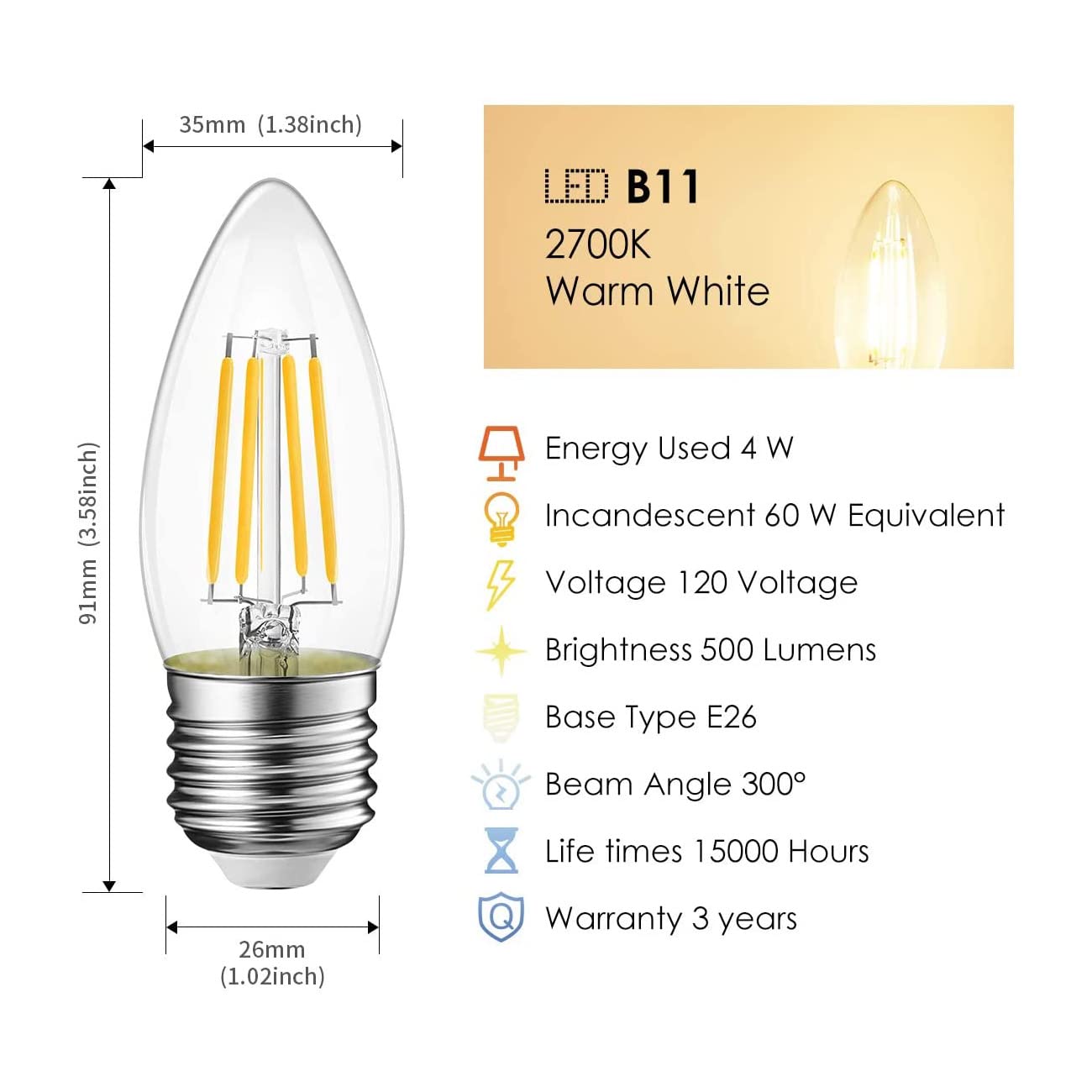 Lvwit B11 Led Filament Bulb E26 Candelabra Medium Base 2700K Warm White, 4W(60W Equivalent) 500 Lumens Non-Dimmable Decorative C