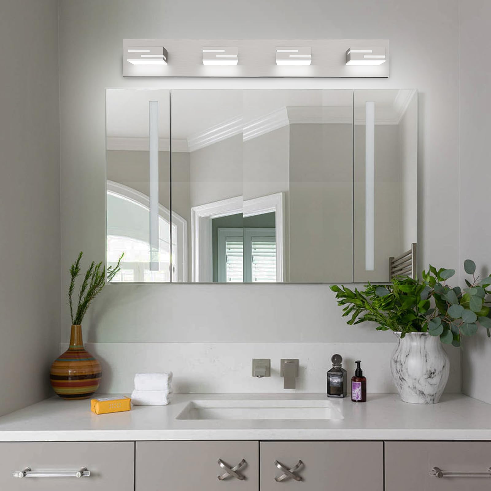 Lkhf Led Modern Bathroom Vanity Light Fixtures 4-Light 28-Inch Dimmable Brushed Nickel Vanity Lights For Bathroom Lighting Fixtures Over Mirror  With 350?Rotatable Acrylic Heads (Cool White 6000K)