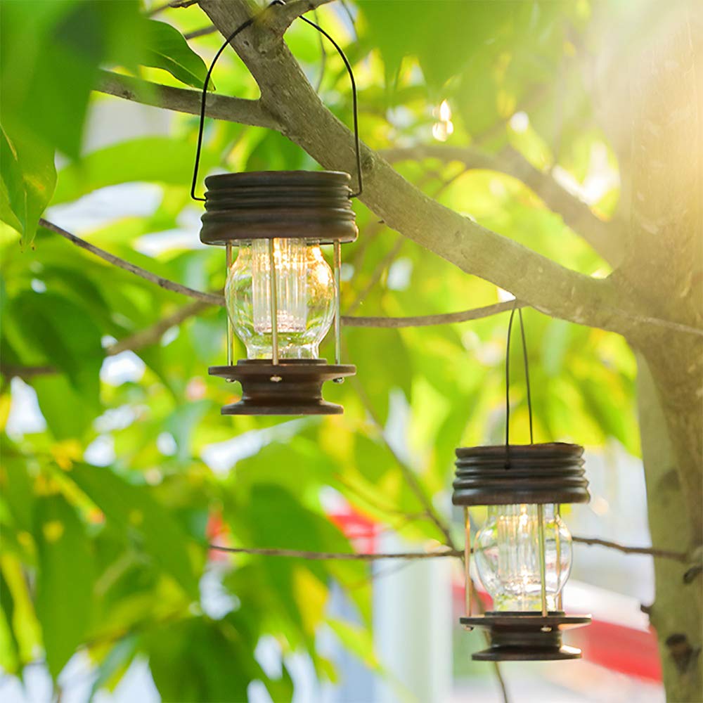 pearlstar Solar Lantern - Waterproof Hanging Lights, 5.5in  Brown, 2 Pack, Retro Design for Patio, Yard, Garden Decor