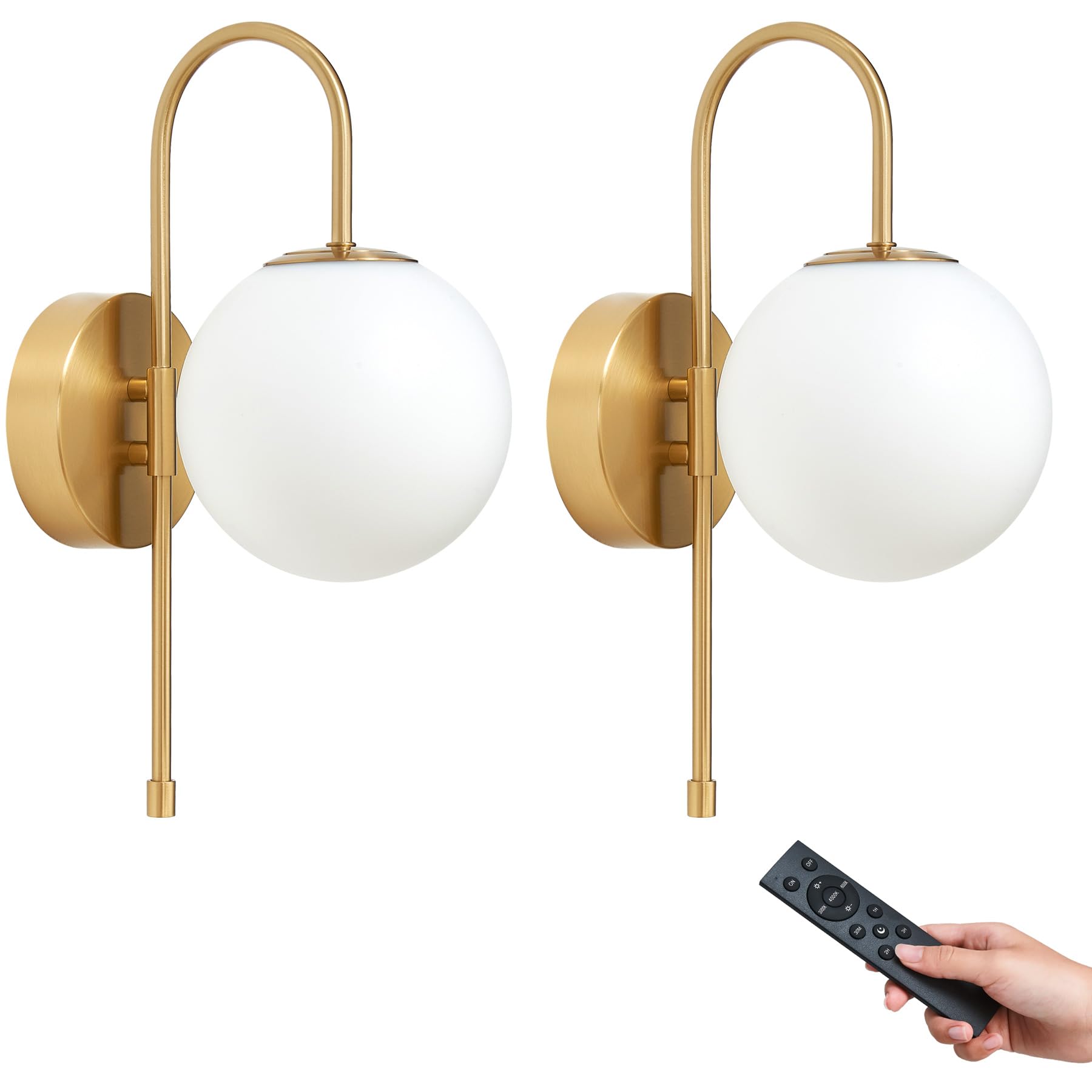 MSTETO Battery Operated Globe Wall Sconces Set of 2, Wireless Gold Wall Lights with Remote Control, Rechargeable 3 Color Steples