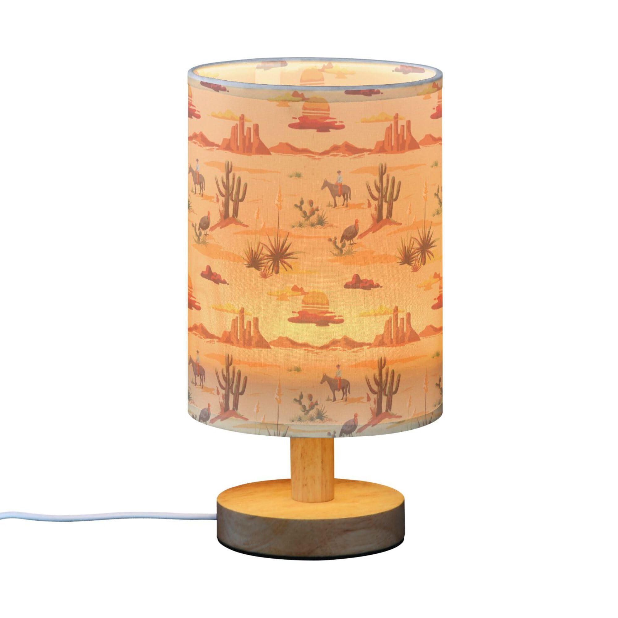 Yyzzh Table Lamp Vintage Desert Sunset Pattern Cactus Mountain Cowboy Horse Turkey Nightstand Lamp With Wood Base Fabric Lamp Sh