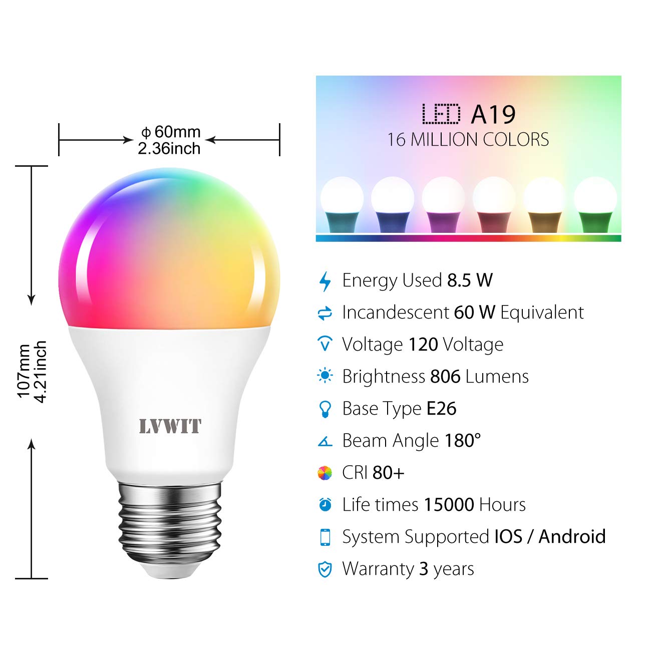 Lvwit Smart Light Bulb 2 Pack, A19 Smart Led, Work With Alexa, Smart Life App, Tuya App, 8.5W (60W Replacement), 2700K-6500K, E2