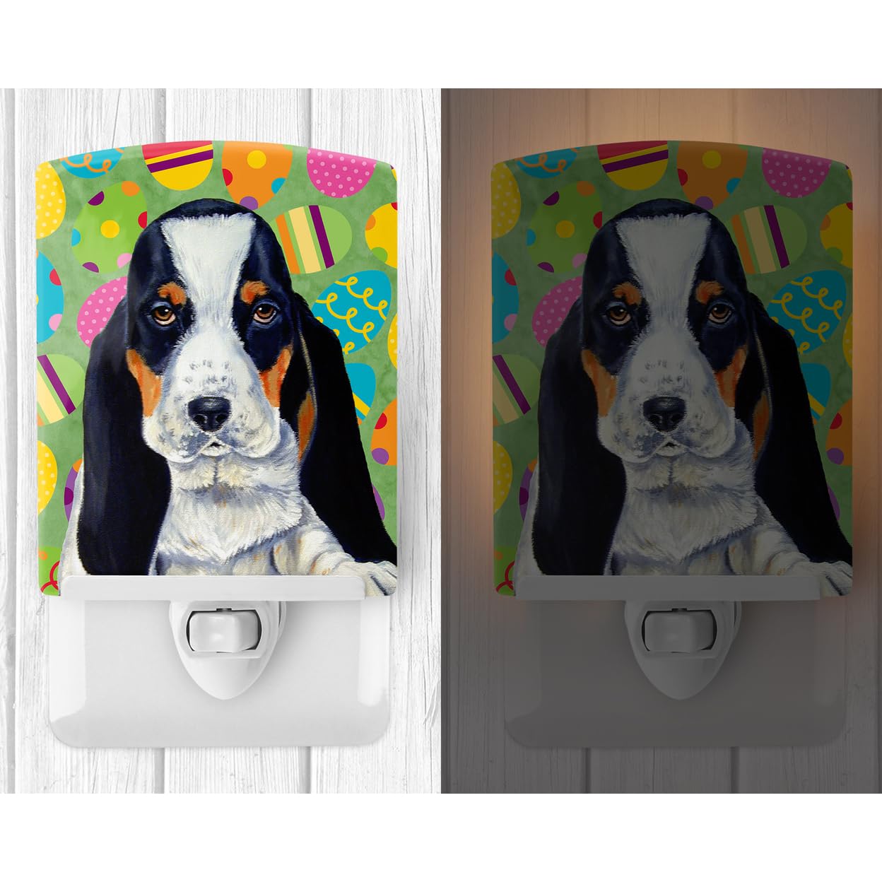 Caroline'S Treasures Lh9419Cnl Basset Hound Easter Eggtravaganza Ceramic Night Light Compact, Ul-Certified, Ideal For Bedroom, Bathroom, Nursery, Hallway, Kitchen, 6X4X3, Multicolor