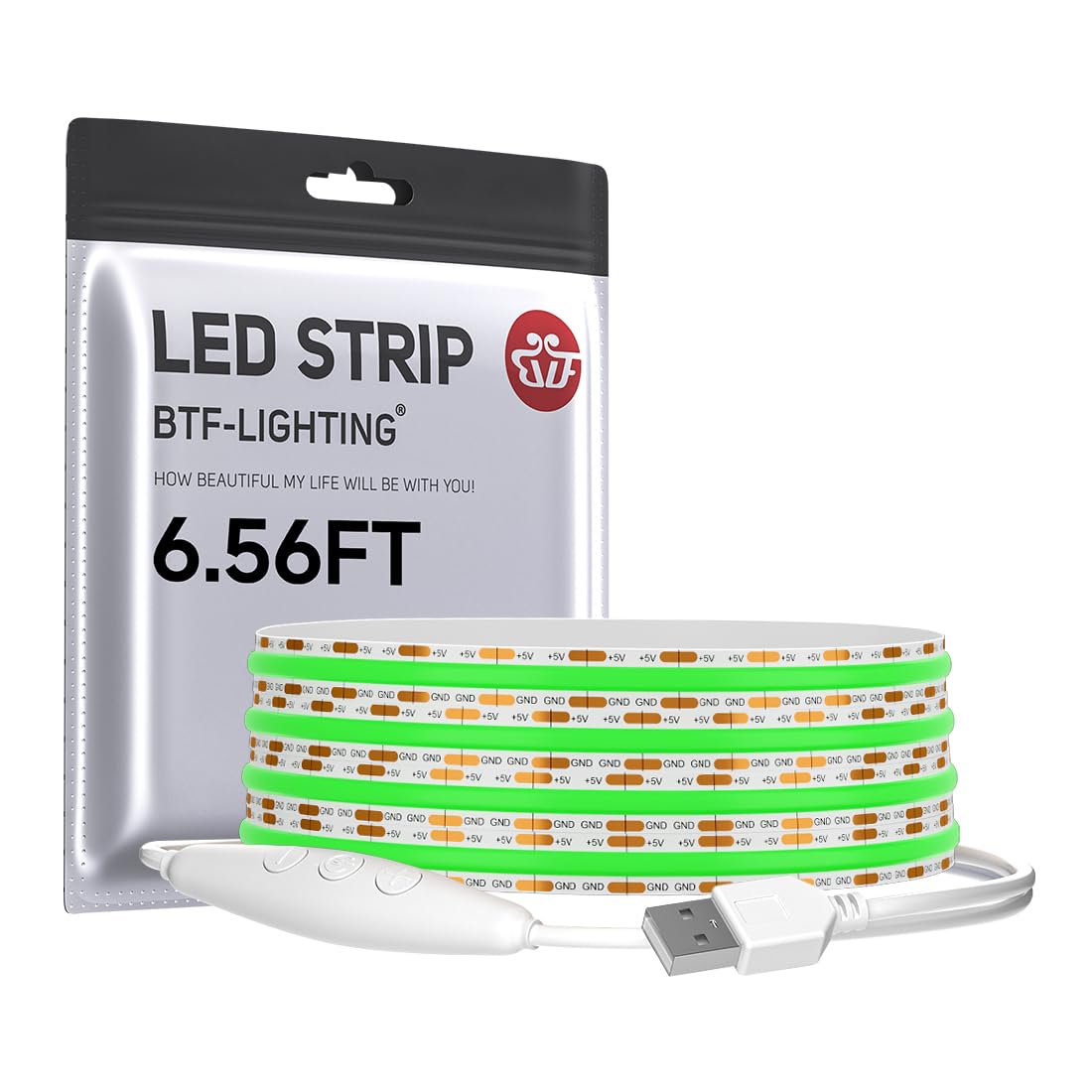 BTF-LIGHTING FCOB COB FOB LED Band Lights 5V USB Powered 6.56FT 640LEDs Green Color 8mm Width Dimmable CRI 90+ with 3M Tape Flexible High Density for 3D Printer TV Backlight PC DIY Decor