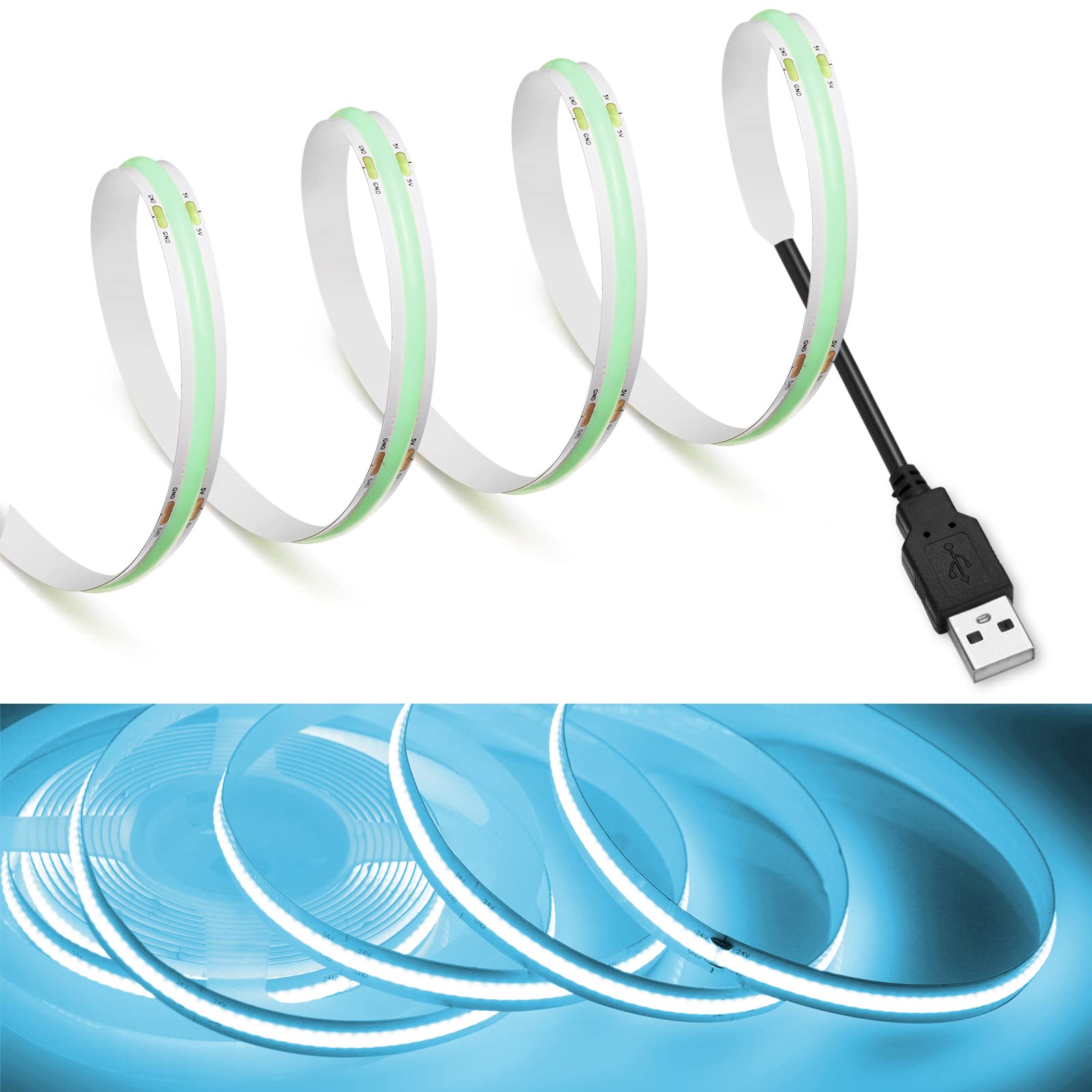 MDee COB LED Strip Lights, Iceblue, 13.12ft/4m, USB Powered, 5V, Flexible, 320 LEDs/m, CRI 90+, Indoor/