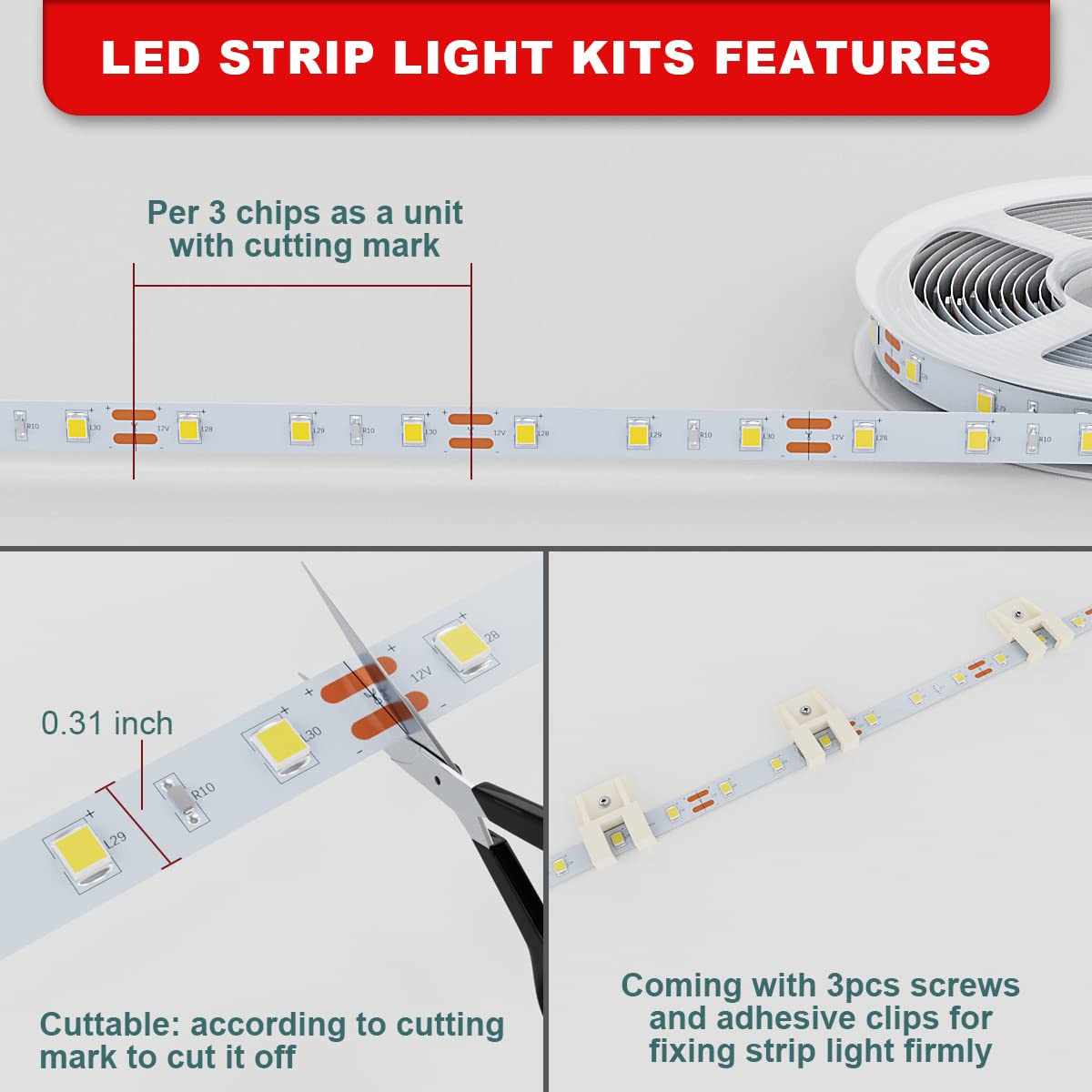 My Beauty Light Led Strip Lights Warm White, 16.4Ft Dimmable Led Light Strip,12V Flexible Led Rope Lights Kits For Kitchen Cabin