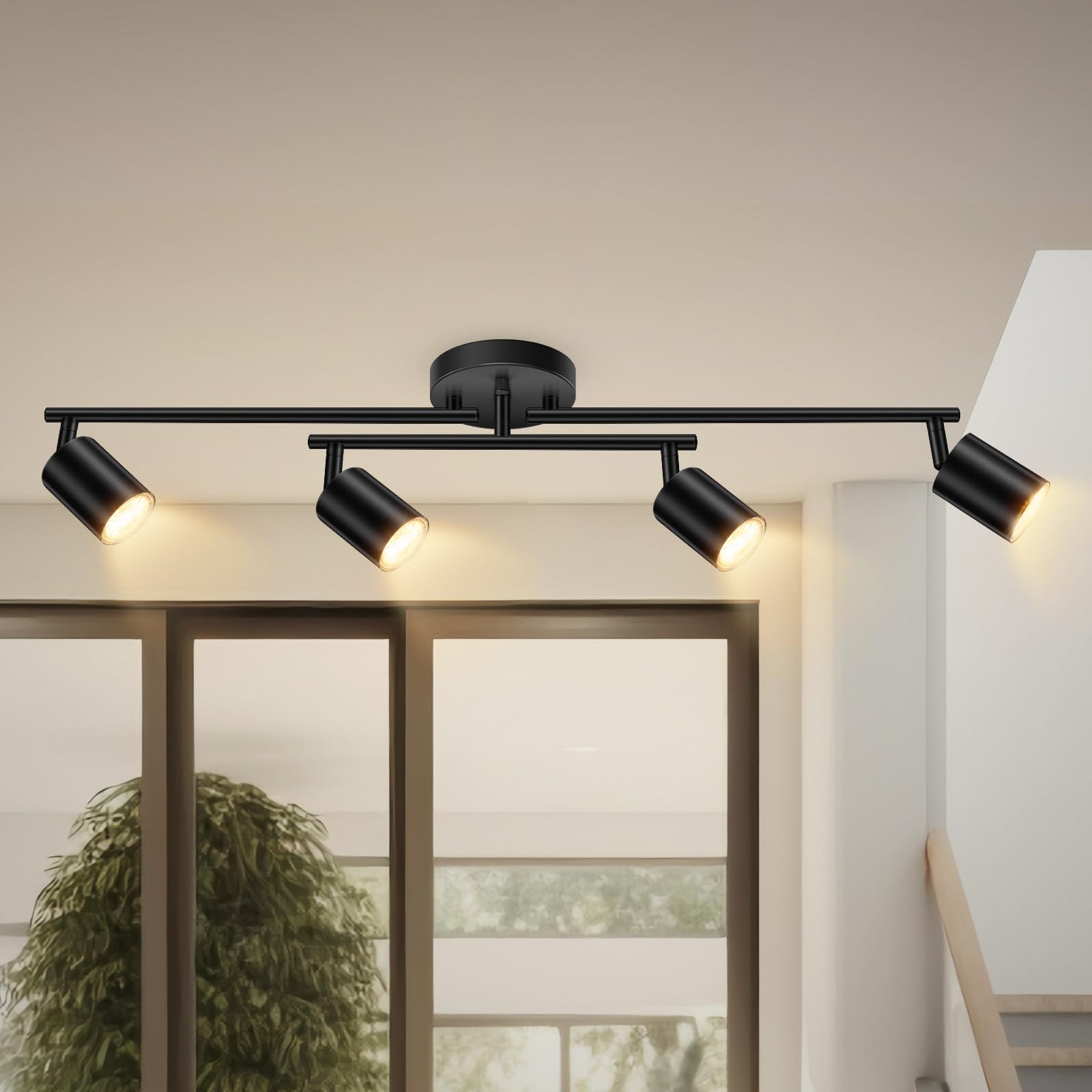 4 Light Track Lighting Kit Kitchen, Black Track Lighting Fixtures Ceiling, 4 Way Modern Flexible Spot Track Lighting, Industrial