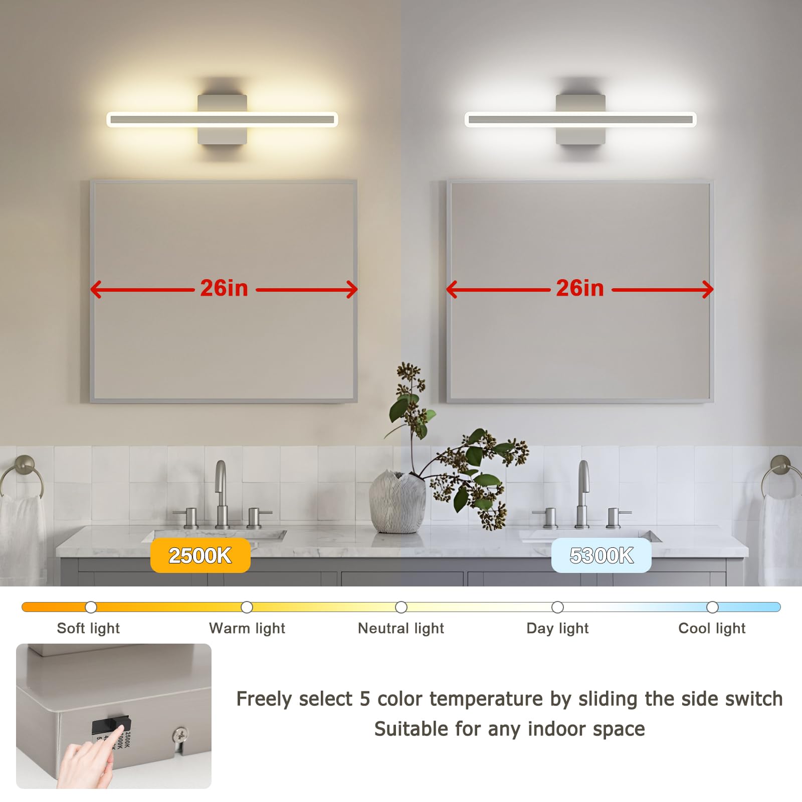 JUSHENG 24'' Brushed Nickel Dimmable Vanity Light Bar, Modern LED Bathroom Fixture, Model 9871, Acrylic