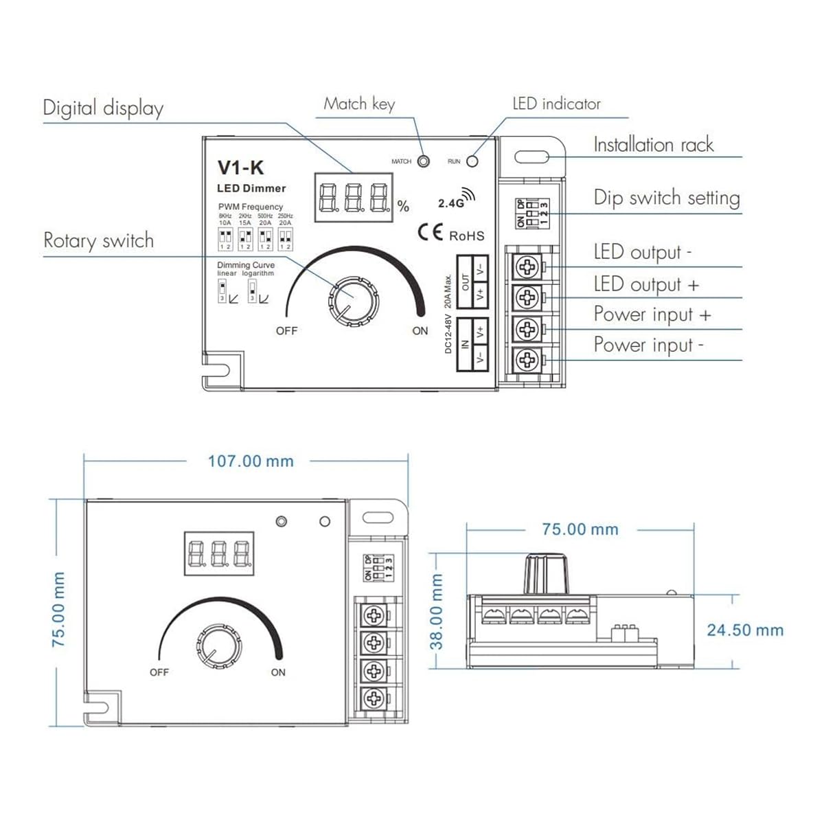 SuperlightingLED 20A LED Dimmer Controller - DC12V/24V, Brightness Adjustable, Metal Construction for Quad Row LED Strip Light