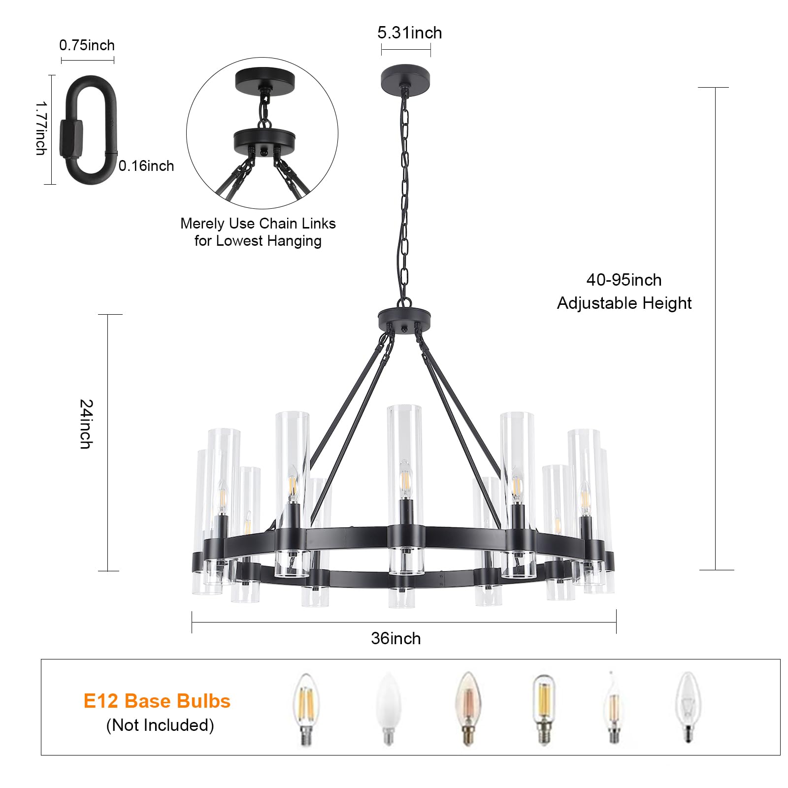 QLXTeltd 36" Black Wagon Wheel Chandelier, 12-Lights Farmhouse Design for Dining Room, Living Room, Bedroom, Foyer