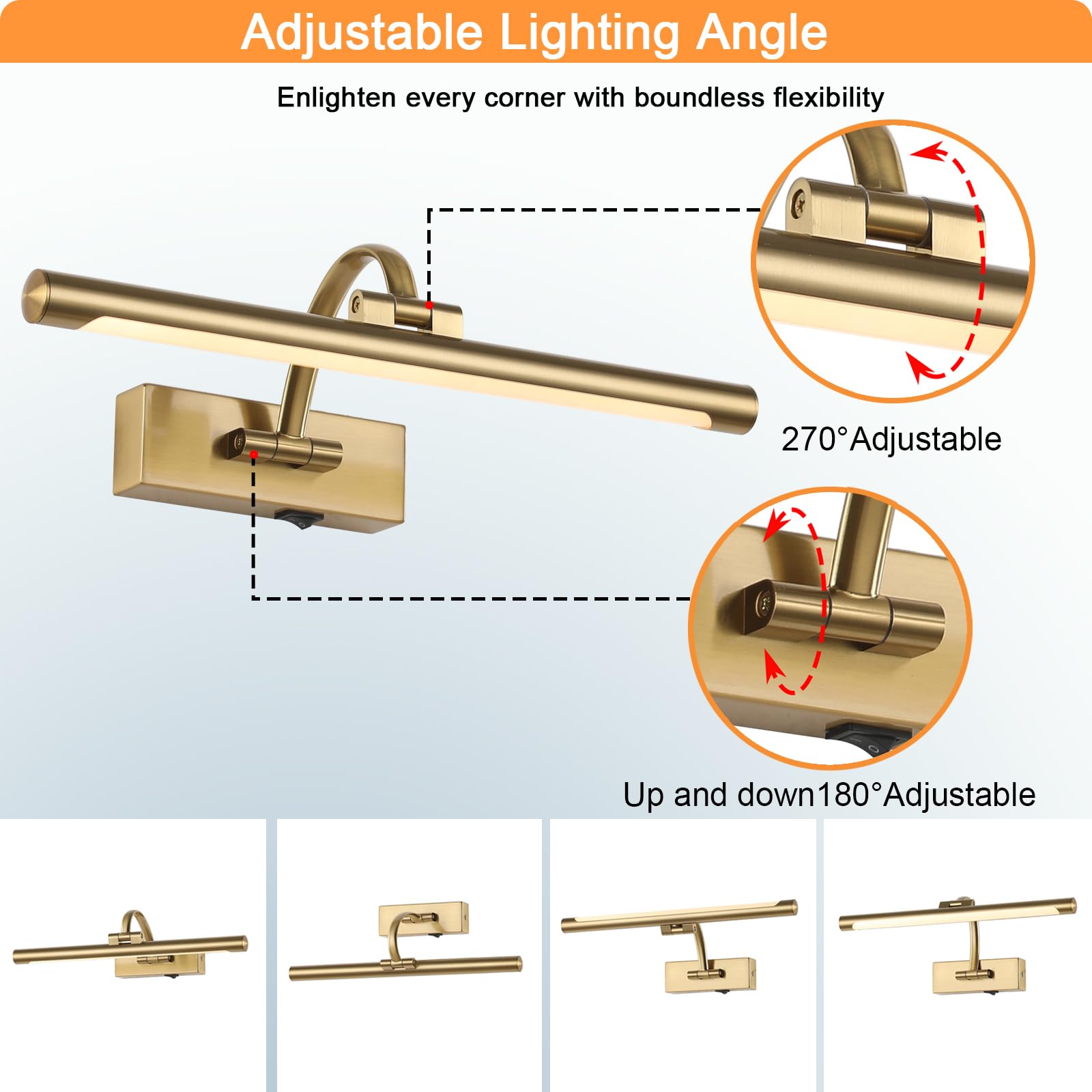 Tassuowell Wireless Picture Light, 15.7" Brass, Dimmable, Battery Operated Art Light with Remote, Model 7115