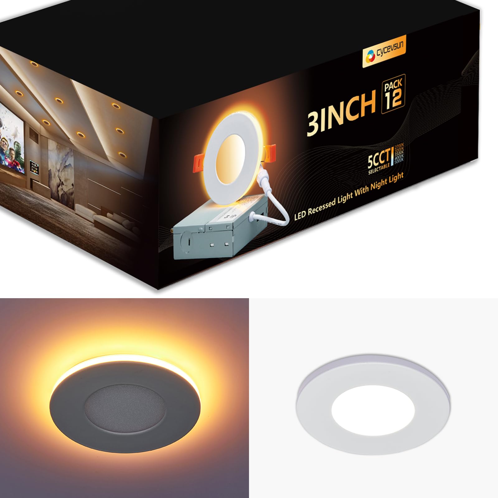 Cycevsun 3 Inch Recessed Led Lights With Night Light, Dimmable & 5Cct Selectable Canless Outdoor Soffit Wafer Downlight, 6W, Etl, Ic Rated, 12 Pack