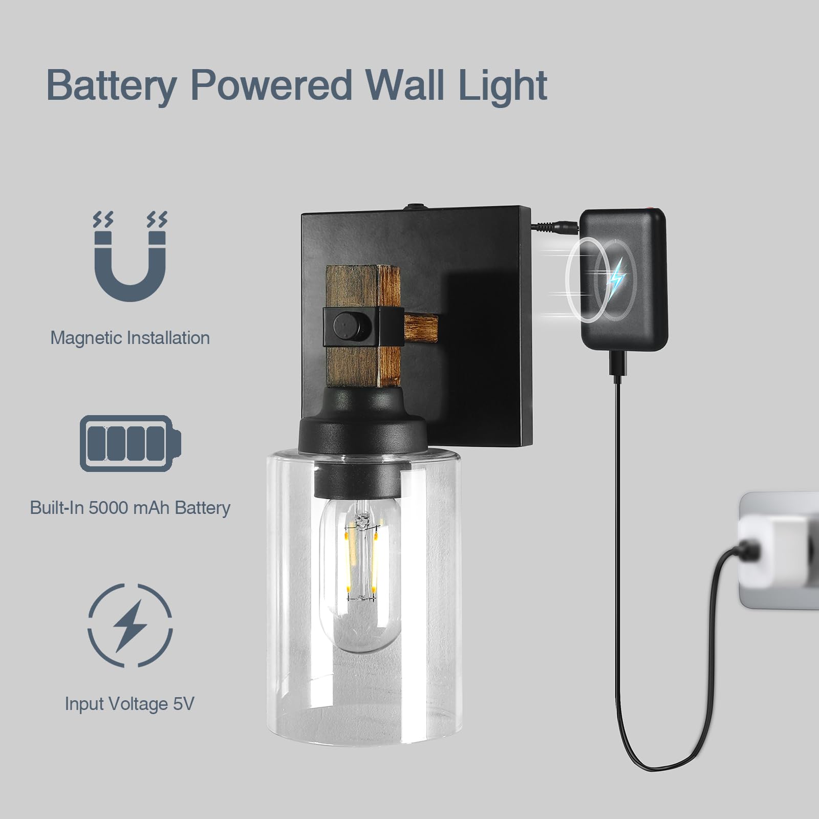 Floresita Battery Operated Wall Sconce 2-Pack, Rechargeable, Easy Install, Cordless, Model 4001YSBD-RE, Farmhouse Style