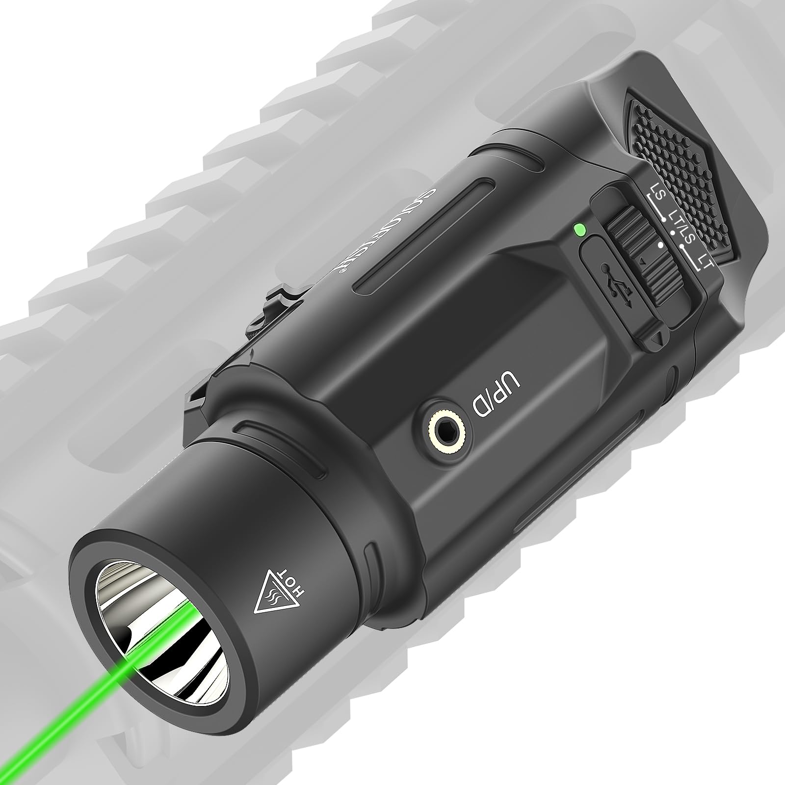 Solofish 1500lm Slidable Tactical Flashlight with Green Beam Compatible with Picatinny Rail for Sporting Equipment (Not for Handheld Toy)  Rechargeable Weapon Light with Strobe/Momentary/Power Indicator