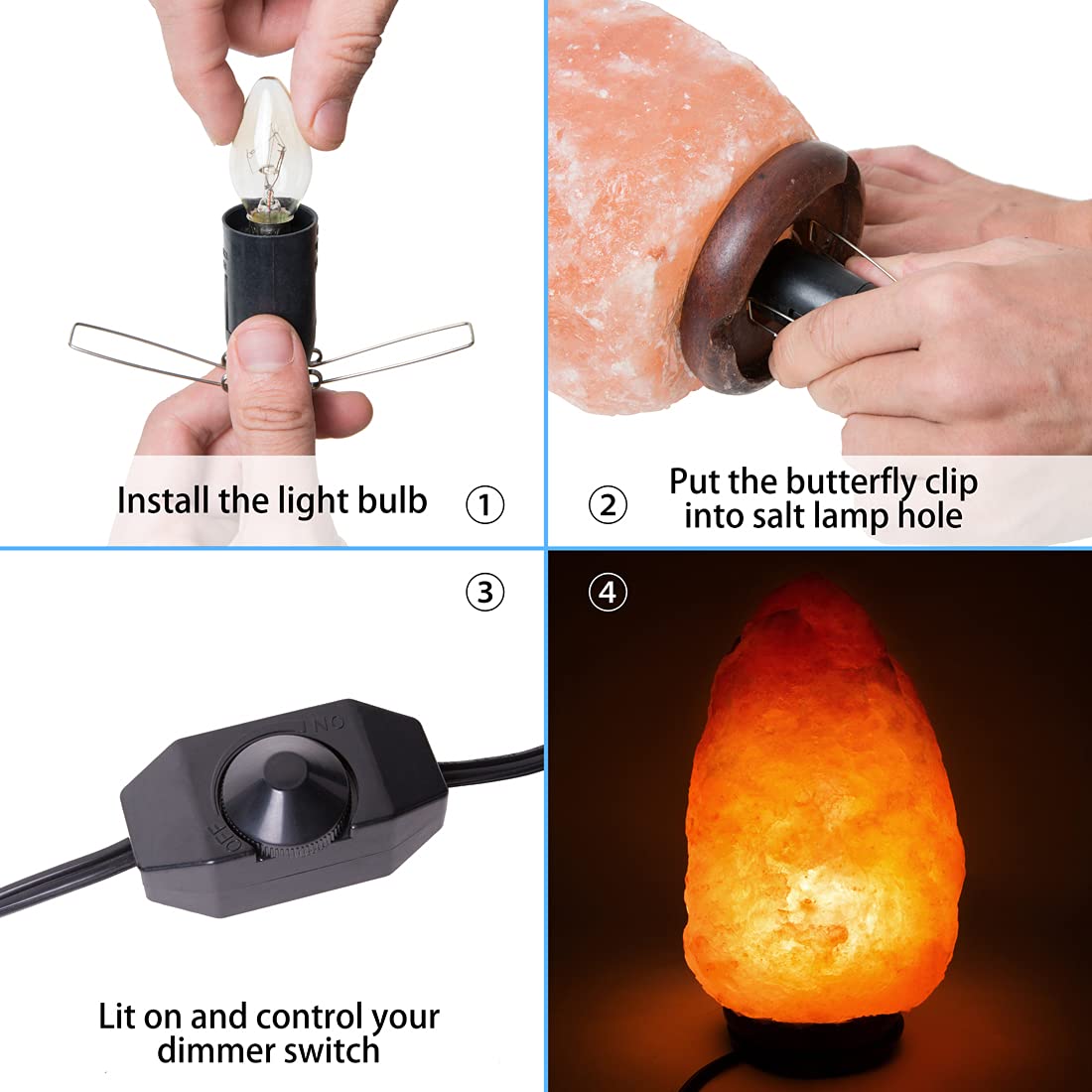 Venforze Himalayan Salt Lamp Replacement Cord with Dimmer Switch, 5 Feet, Metal Clip, Includes 6 E12 Halogen Bulbs, Size A1