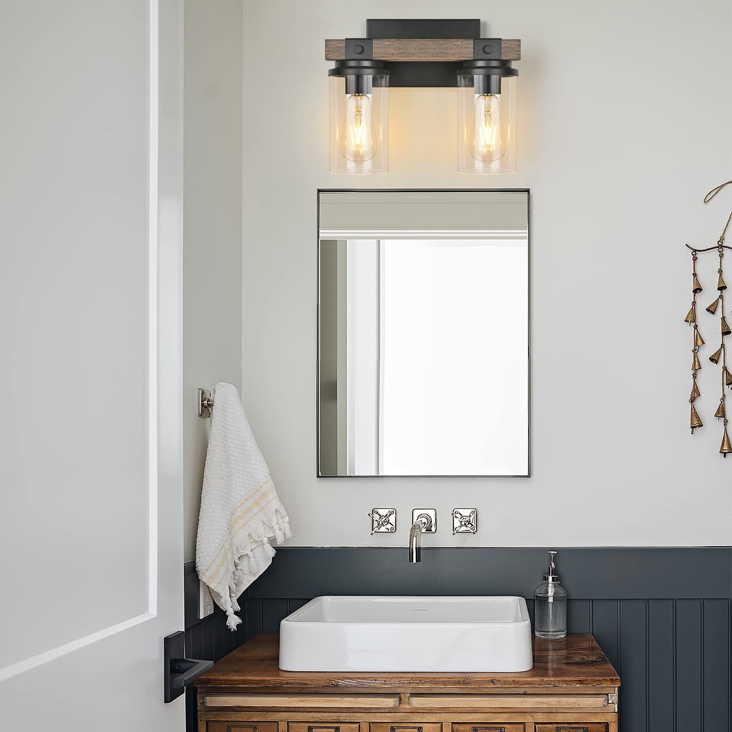 GoYeel 2-Light Wooden Wall Sconce - Rustic Bathroom Light Fixture with Clear Glass Shade, Industrial Wood Design for Hallway & Bedroom