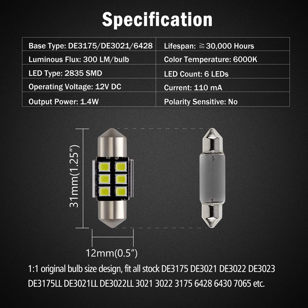 Brishine 4Pcs De3175 Led Bulbs, Super Bright Canbus Error Free 31Mm 1.25    Festoon De3021 De3022 3175 6428 Led Bulbs For Interi