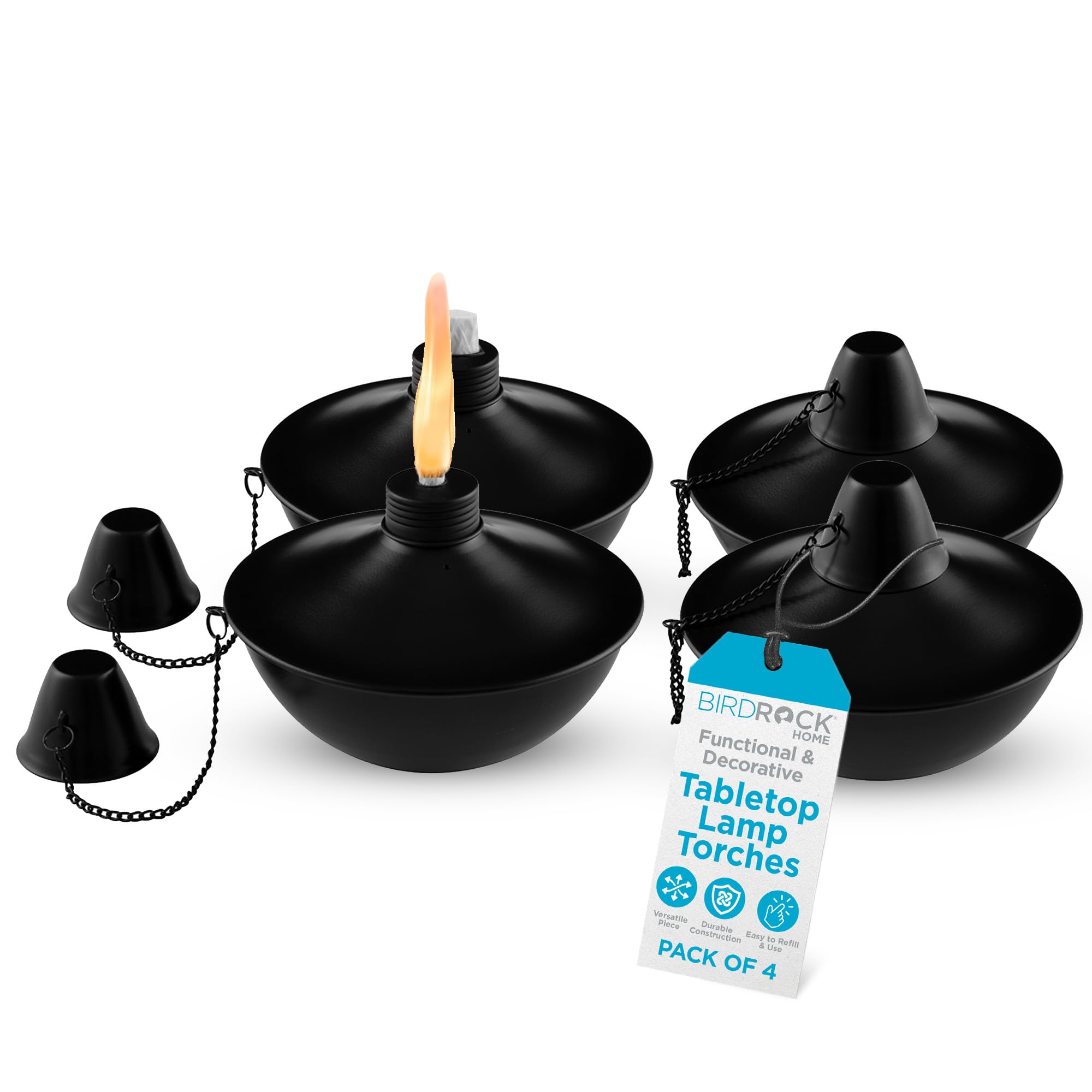Birdrock Home Citronella Tabletop Lanterns - Refillable Metal Torches, Black, Pack Of 4