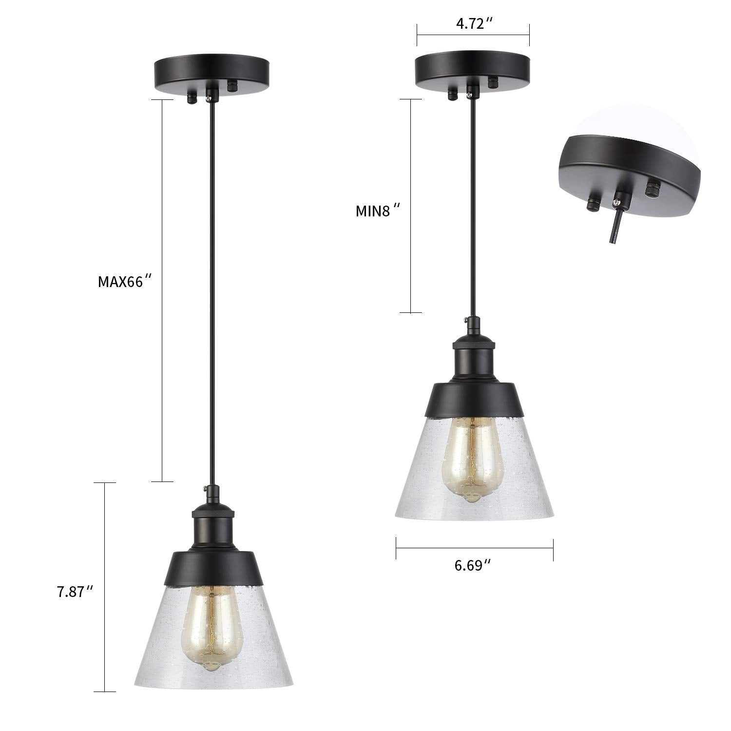 Fivess Lighting Industrial Glass Pendant Light, Mini Pendant, Black Metal, Adjustable, Handblown Clear Seeded Glass Shade
