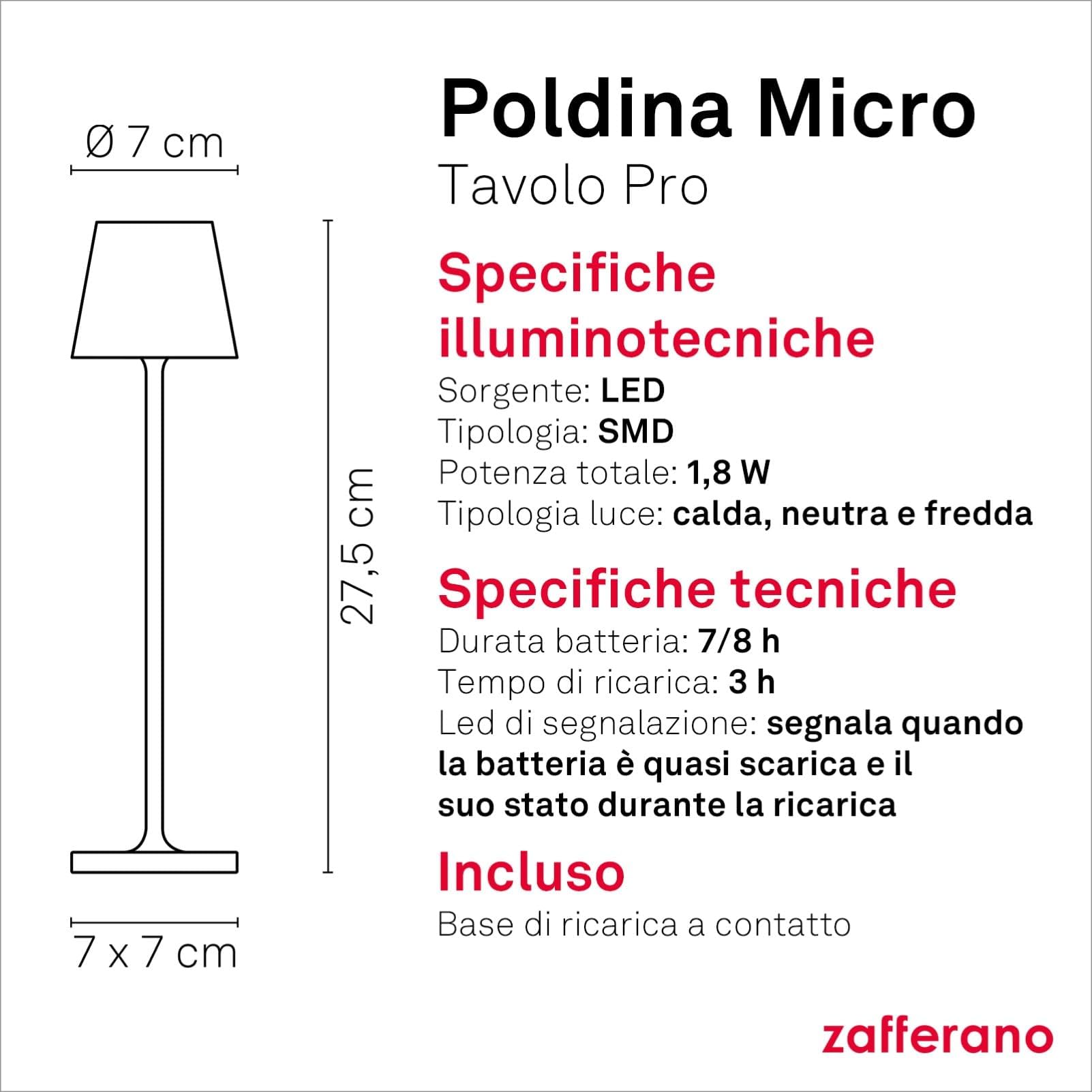 Zafferano, Poldina Micro Lamp With Polished Chrome Finish, Rechargeable And Wireless Table Lamp With Touch Control, Can Be Used