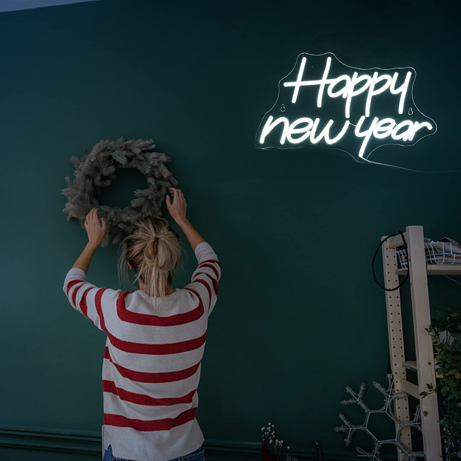 Alkkign Neon Sign Happy New Year LED Light Wall Decor Dimmable White