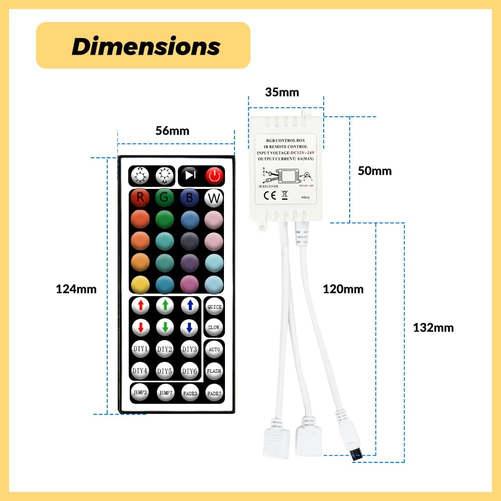 Arotelicht RGB LED Controller with 44 Key IR Remote, for SMD 5050/2835 LED Strip Lights, 12V-24V, Model TD3C001