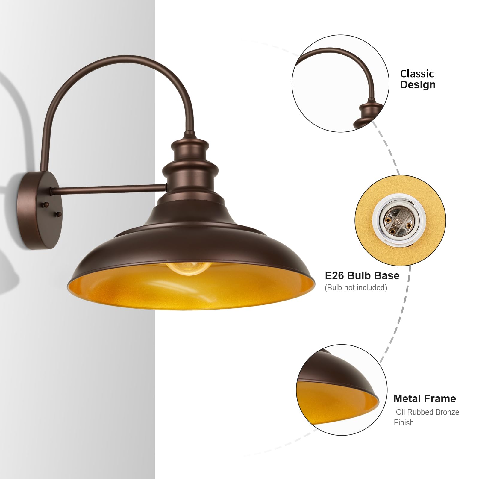 Diyel Outdoor Barn Light Fixtures  16 Inch Large Dome Farmhouse Exterior Wall Mount Lights  Rustic Wall Sconces Indoor Wall Lighting  Industrial Bronze Gold Lanterns For Porch  Garage 2 Pack