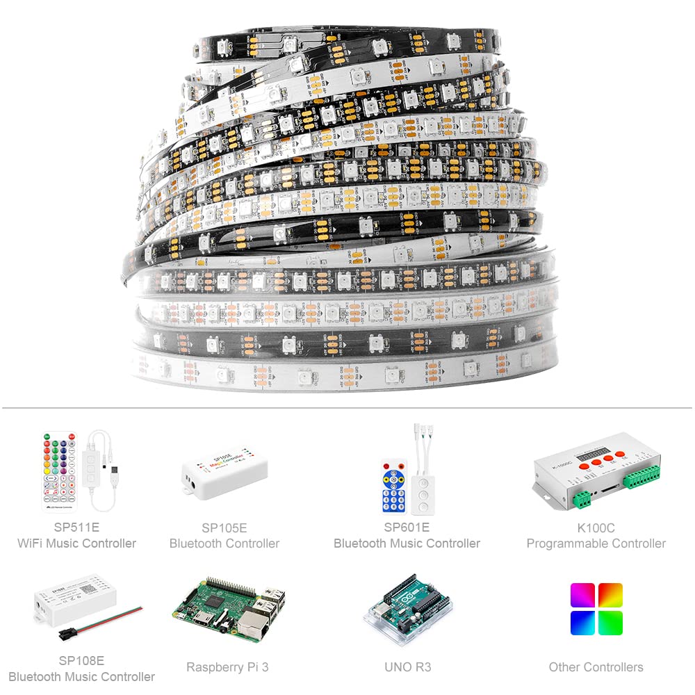 BTF-LIGHTING WS2812B RGB LED Pixel Strip 3.3FT 60LED White PCB Flexible Non-Waterproof Model WS2812B1M60LW30