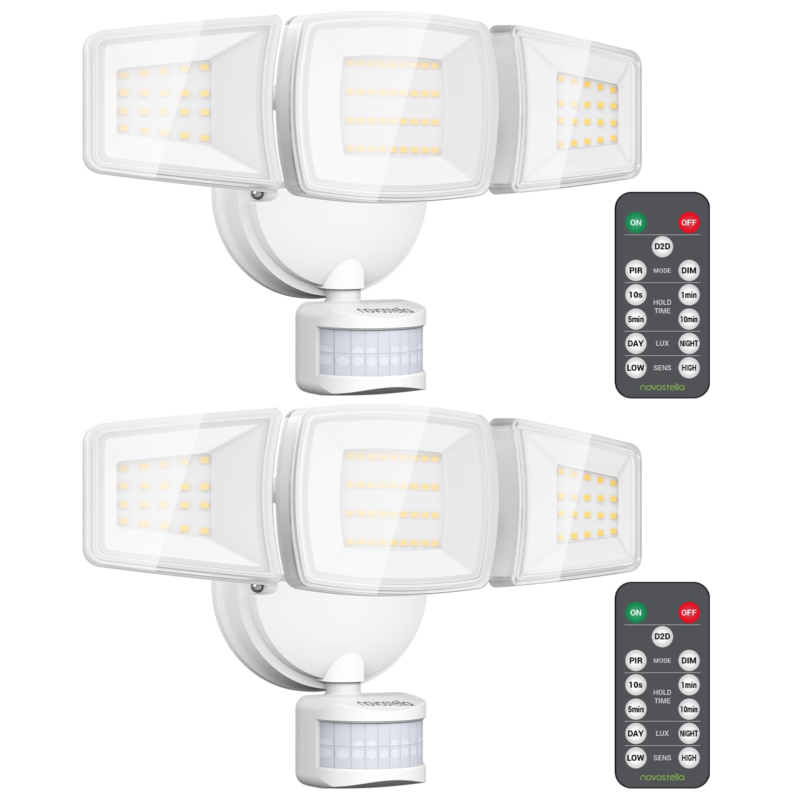 NOVOSTELLA Security Lights Motion Sensor Outdoor, 2Pack LED Flood Lights with Remote, Dusk to Dawn 45W 5000lm 5000K, 3 Heads Wir