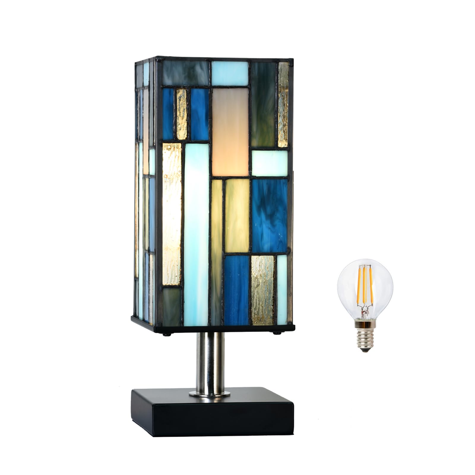 HomeBeauty TL0036 Small Tiffany Style Table Lamp, Blue & Teal Stained Glass Shade, Uplight Desk Light for Bedroom Living Room, 4
