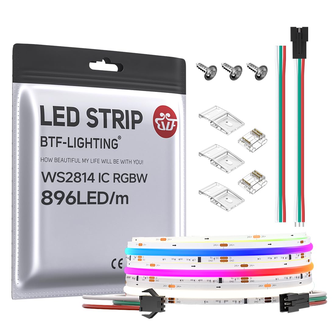 Btf-Lighting Fcob Cob Led Strip Ws2814 Ic Rgbw 4000K Flexible High Density Color Chasing Uniform Light 9.8Ft Dc24V 896Led/M 16Ic/M 12Mm Width For Home Diy Lighting Projects(No Adapter Or Controller)