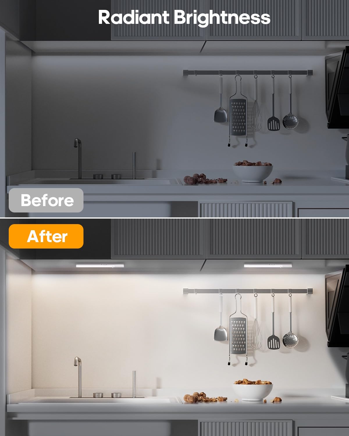 Goodea LED Motion Sensor Under Cabinet Lights, Wireless & Rechargeable, Dimmable, 3 Pack, White Light, Model GDCL019