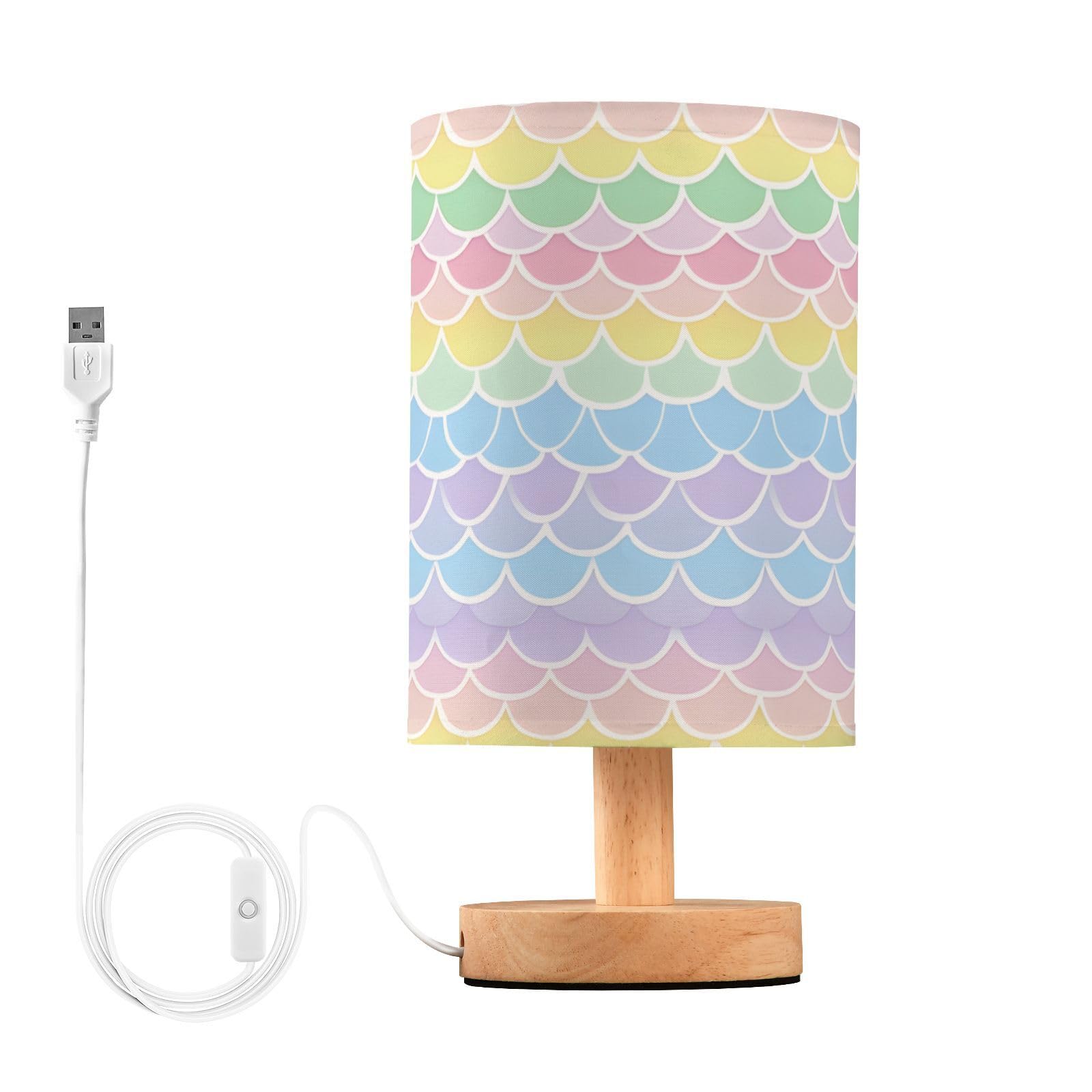 BOENLE Bedside Lamp Rainbow Fish Mermaid Scales Table Lamp for Bedroom LED Nightstand Lamp Shade USB Ports Wood Base for Living 
