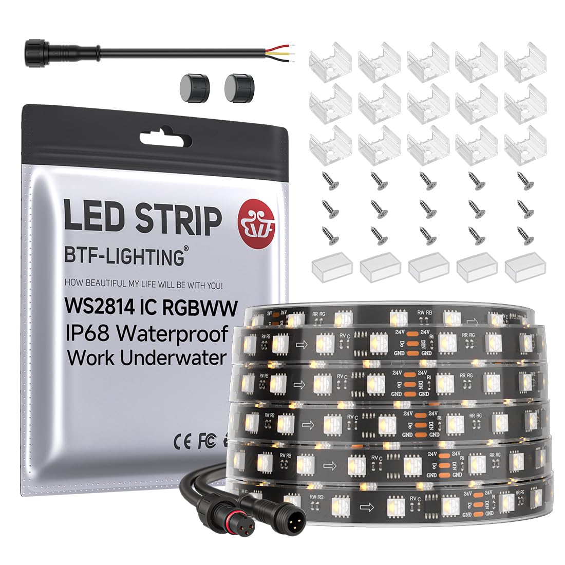 Btf-Lighting Ip68 Waterproof Outdoor Ws2814 Rgbw Ic Led Strip Rgb+Warm White(3000K)Addressable Dream Color 5050Smd Light Dc24V 16.4Ft 60Leds/M 10Pixels/M Can Work Under Water(No Adapter Or Controller)