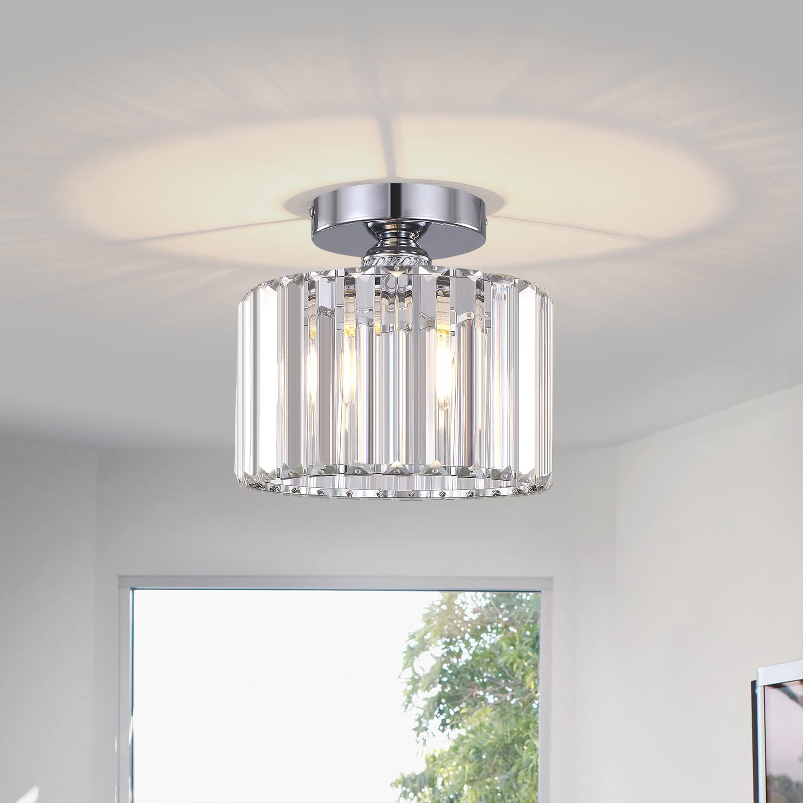 BUXVRCS Semi Flush Mount Chandelier, Crystal Ceiling Light Fixture, Silver, Model SJD-45