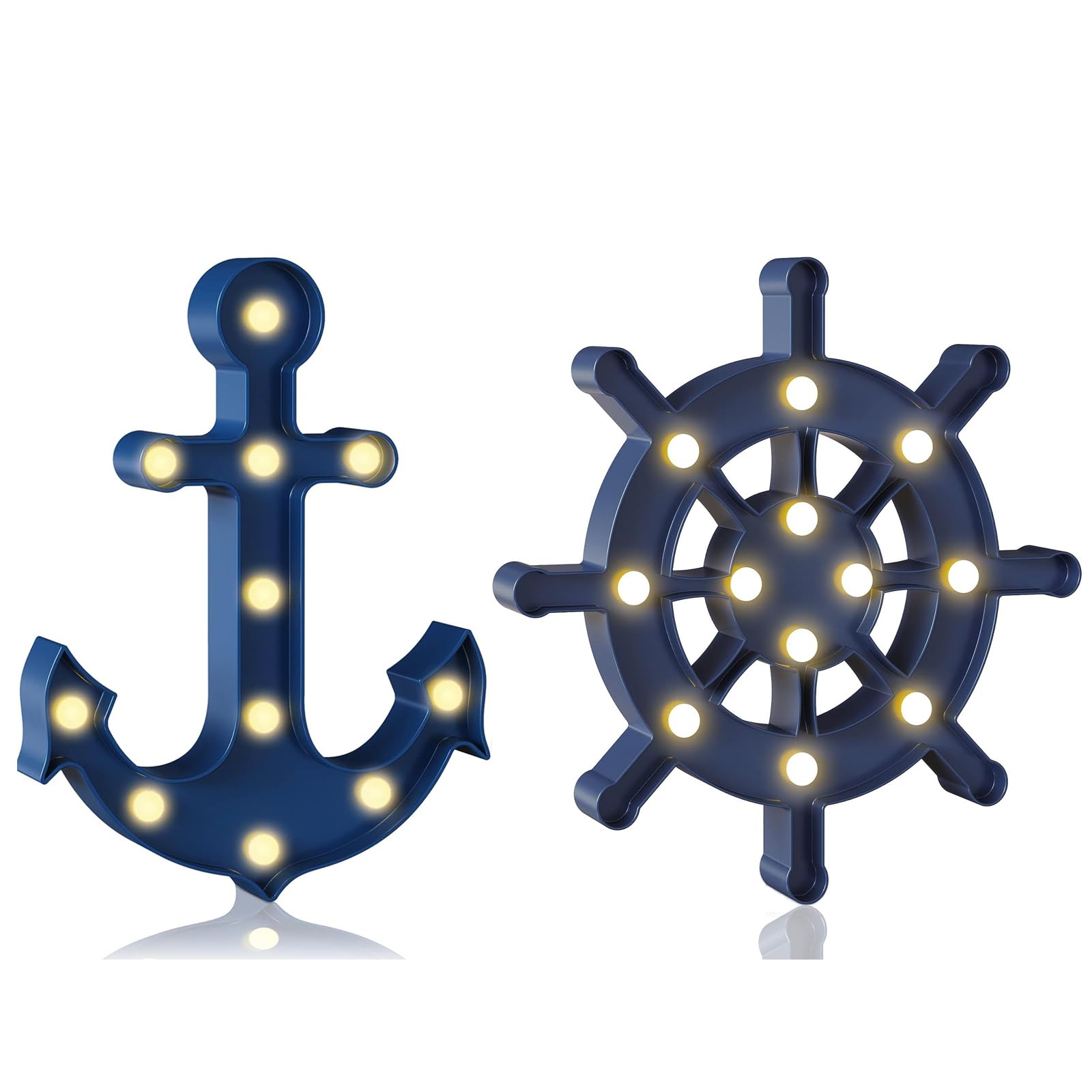 2 Pack Blue Anchor & Ship Wheel Night Light-Battery Operated, Wall Hanging or Tabletop, 3D Nautical Nursery Decor, Kids Bedroom 