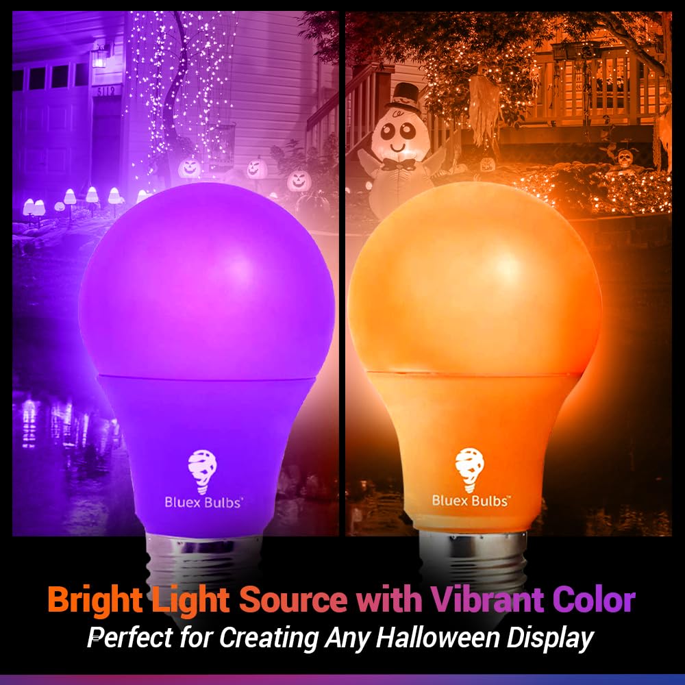 4 Pack A19 Led Purple Light Bulb Led Orange Light Bulb 120V E26 Base 9 Watt (60-Watt Replacement) Purple Bulb Orange Bulb, Party Decoration, Porch, Home Lighting, Halloween Light Bulbs