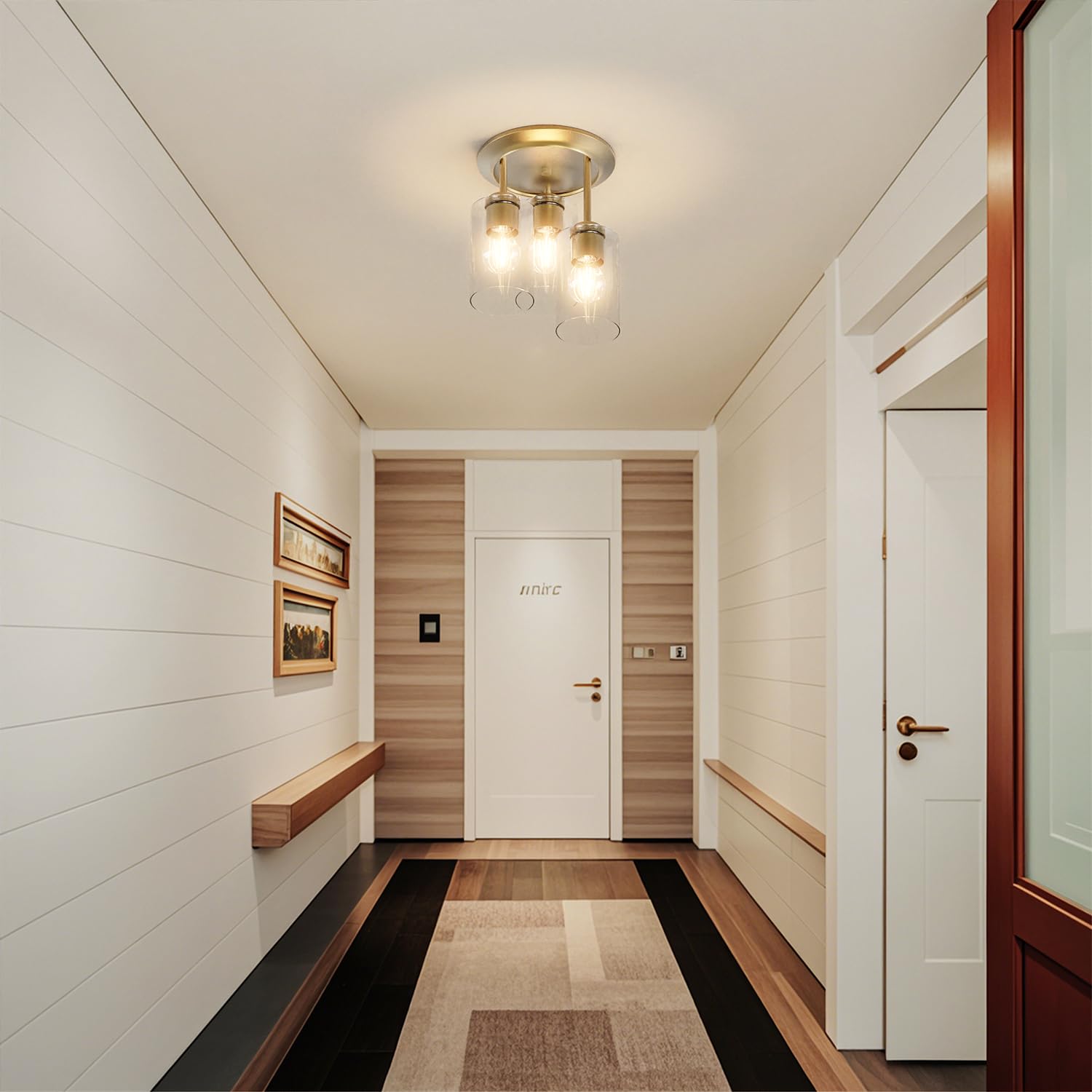 Kalium 3-Light Semi Flush Mount Ceiling Light Fixture, Gold Iron Design with Clear Glass Shade, Model WL007-SB