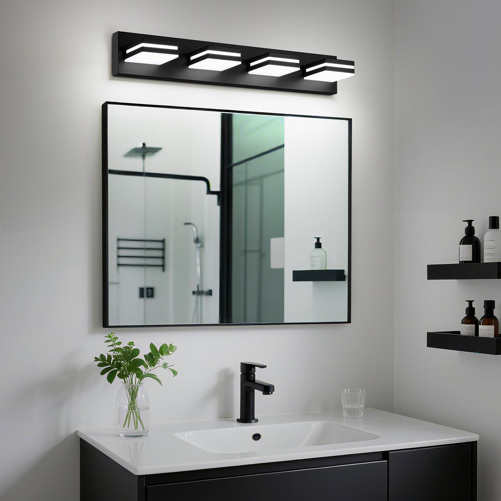 Jzekvn Modern Led Bathroom Lights Fixtures(4-Light) Metal Black Acrylic Wall Lighting Vanity Lights For Bathroom Over Mirror(6000K 27In