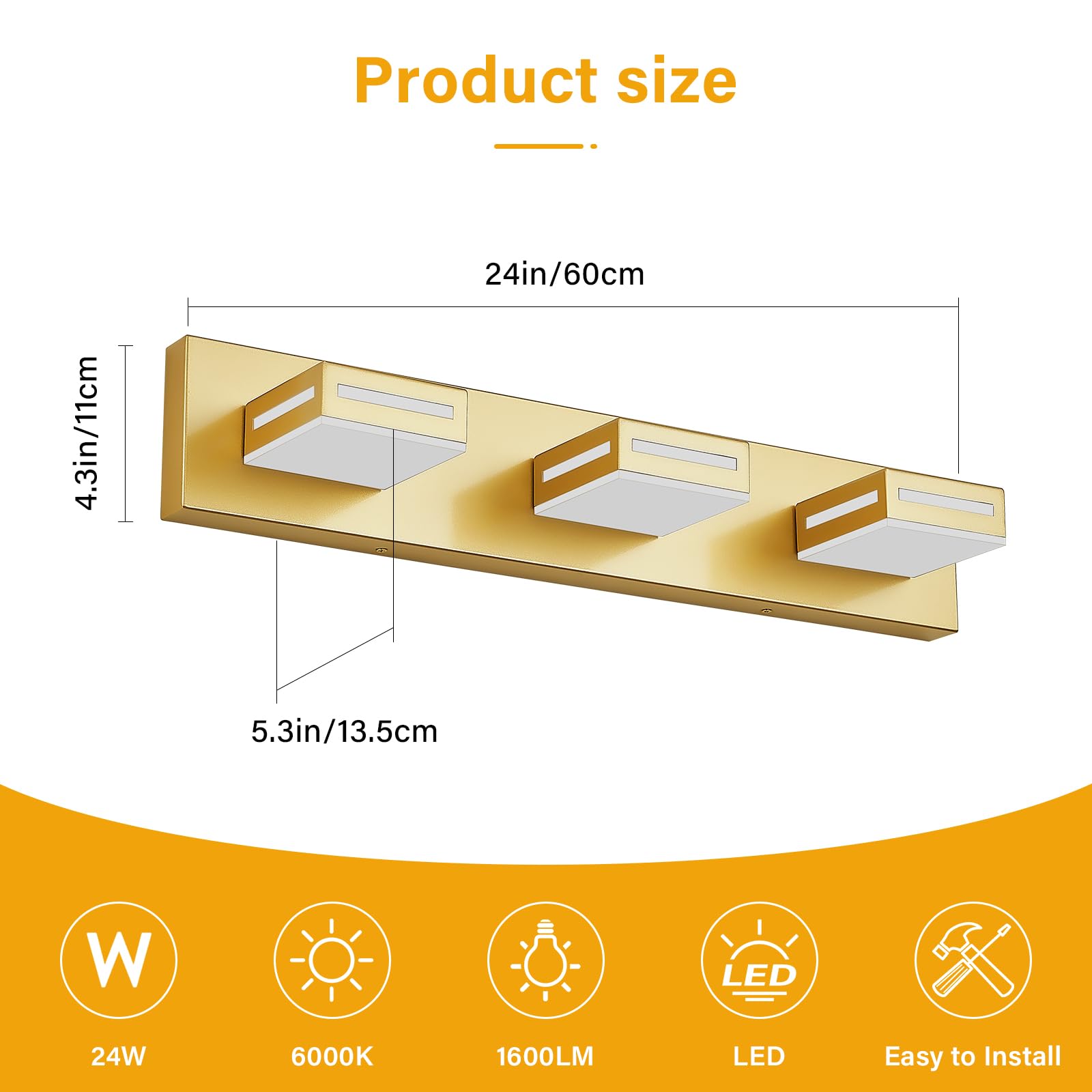 Donrao 3-Light LED Bathroom Vanity Light Fixture, 24-Inch, Gold, Model DY2409200002, Metal, 6000K Cool White