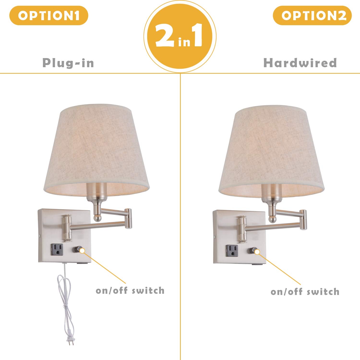 Affsure Bedside Wall Mount Light, Dimmable with USB Port, Satin Nickel, Swing Arm Fabric Shade, Model 5