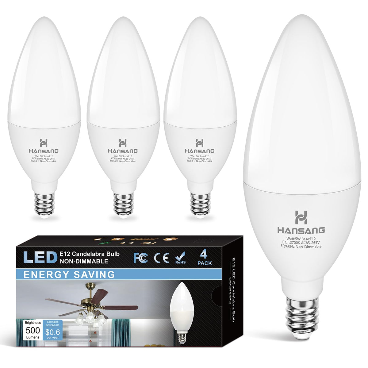 Hansang E12 Candelabra Led Bulbs 2700K Warm White, 60Watt Equivalent, Type B Light Bulb For Chandelier, 5W B11 Ceiling Fan Light